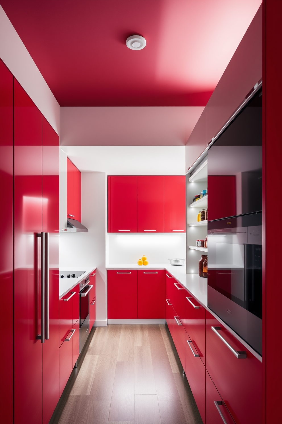 A striking kitchen design featuring a bold red ceiling that adds a unique touch to the space. The room is complemented by a modern red pantry with sleek shelving and organized storage solutions. The pantry showcases a blend of functionality and style with open shelves displaying colorful jars and containers. Soft lighting highlights the red accents, creating an inviting atmosphere for cooking and entertaining.