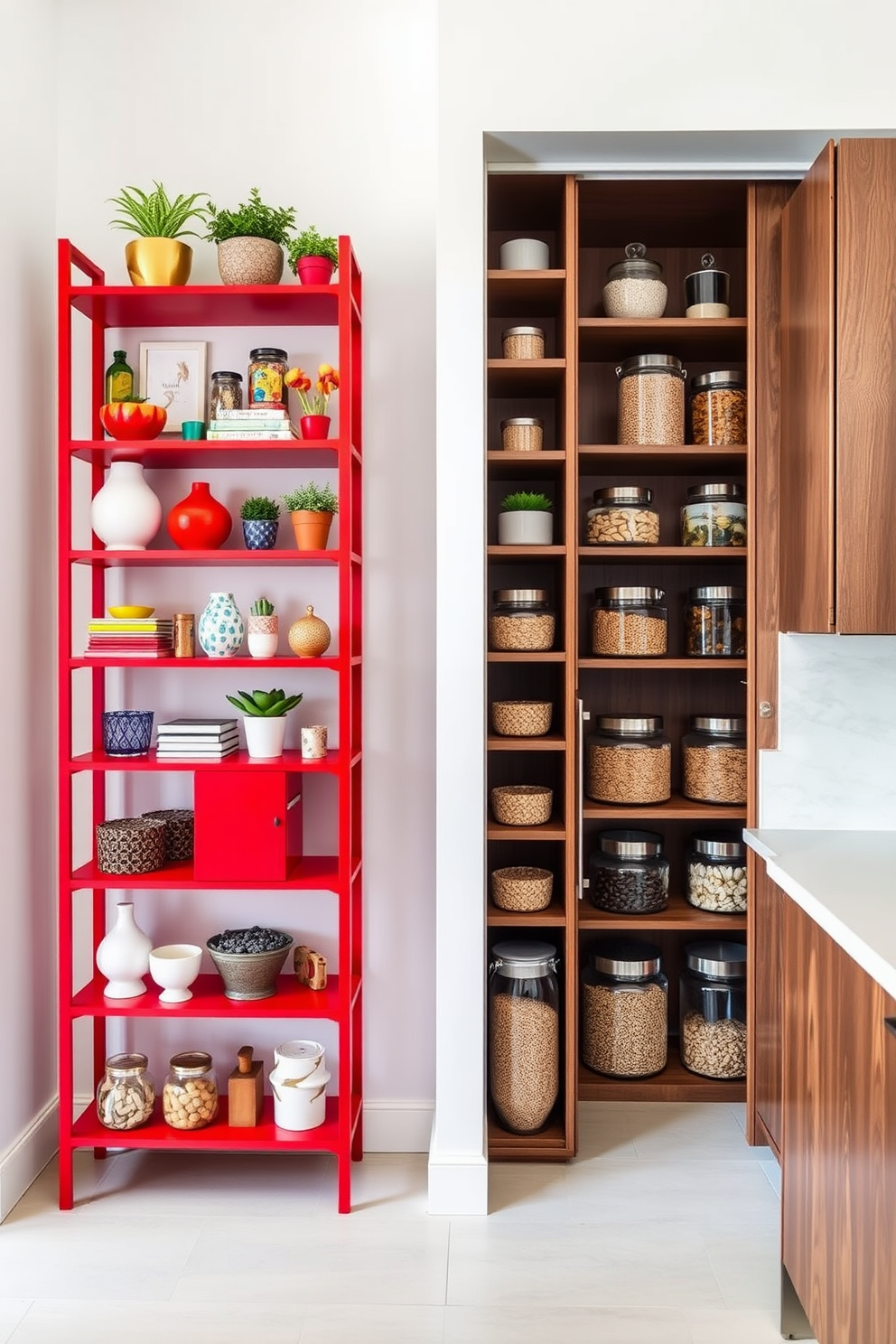 A striking multi-tiered red shelving unit stands against a white wall, showcasing an array of colorful decorative items and potted plants. The bold red color adds a vibrant touch to the space, creating an eye-catching focal point in the room. The pantry features sleek cabinetry with a rich wood finish, complemented by open shelving for easy access to frequently used items. Elegant glass jars filled with grains and snacks are neatly arranged, enhancing both functionality and aesthetics in the design.