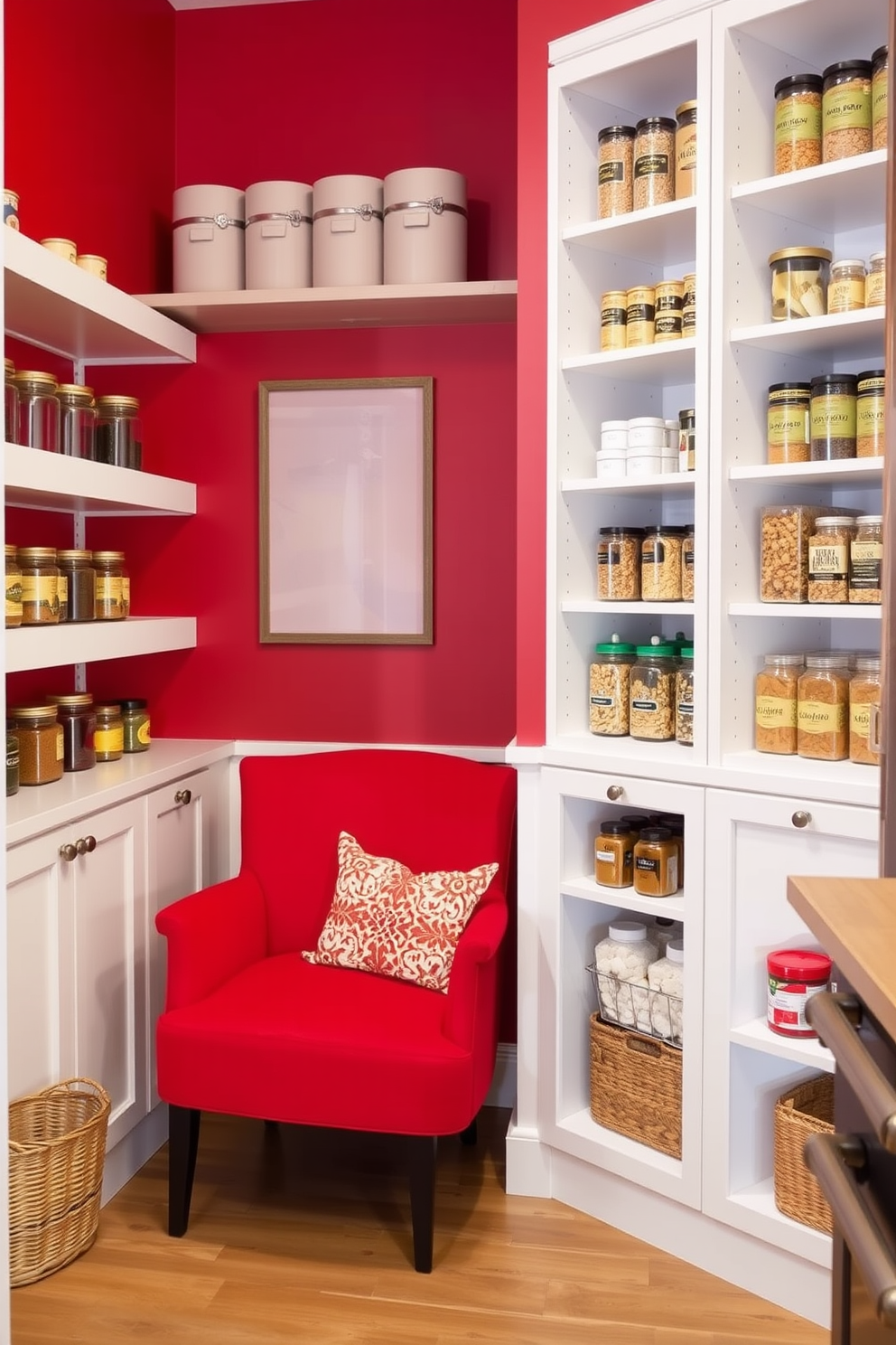 A cozy pantry nook featuring a vibrant red accent chair that invites relaxation. The walls are painted in a rich red hue, complemented by white shelving filled with neatly organized jars and containers.