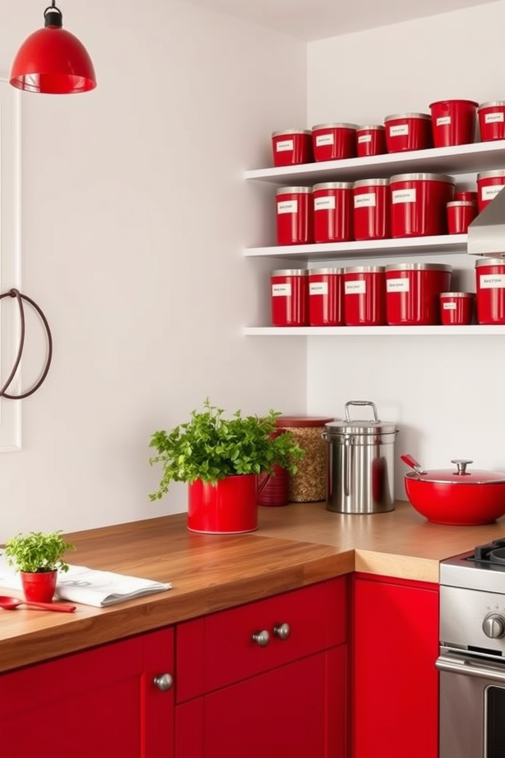 A vibrant kitchen featuring red pantry bins that create a cohesive and stylish look. The bins are neatly organized on open shelves, enhancing the overall aesthetic of the space. The walls are painted in a soft white to contrast with the bold red of the bins. A rustic wooden countertop complements the design, while fresh herbs in small pots add a touch of greenery.