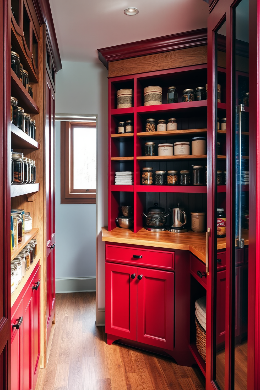 A vibrant red pantry features rich natural wood tones that create a warm and inviting atmosphere. The shelves are lined with neatly organized jars and containers, showcasing a blend of rustic charm and modern aesthetics. The cabinetry boasts a deep red finish with natural wood accents, enhancing the overall design. Bright lighting illuminates the space, highlighting the textures and colors of the pantry elements.