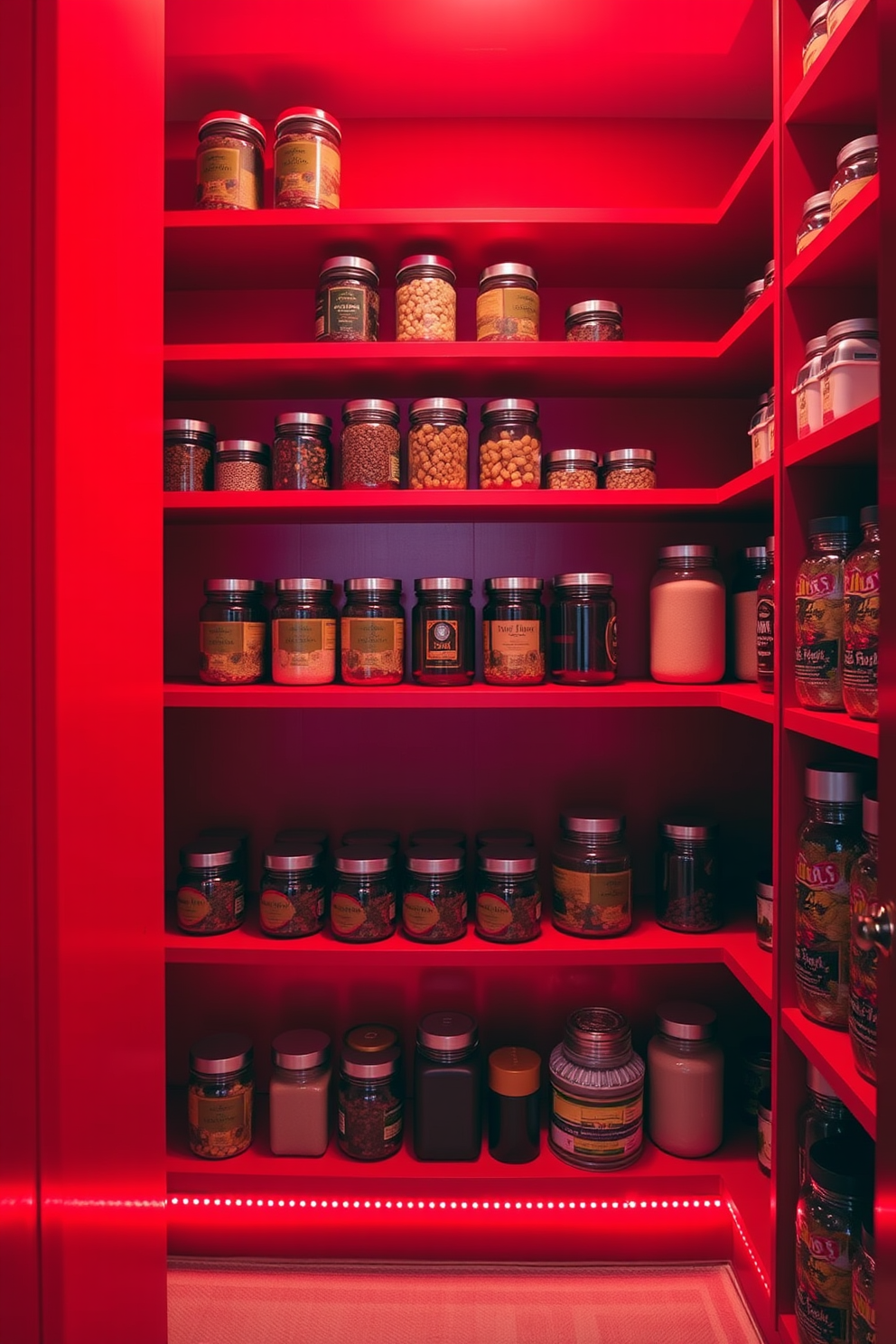 A vibrant red pantry design showcases bright red lighting elegantly positioned under the shelves. The shelves are filled with neatly organized jars and containers, creating a striking contrast against the deep red backdrop.