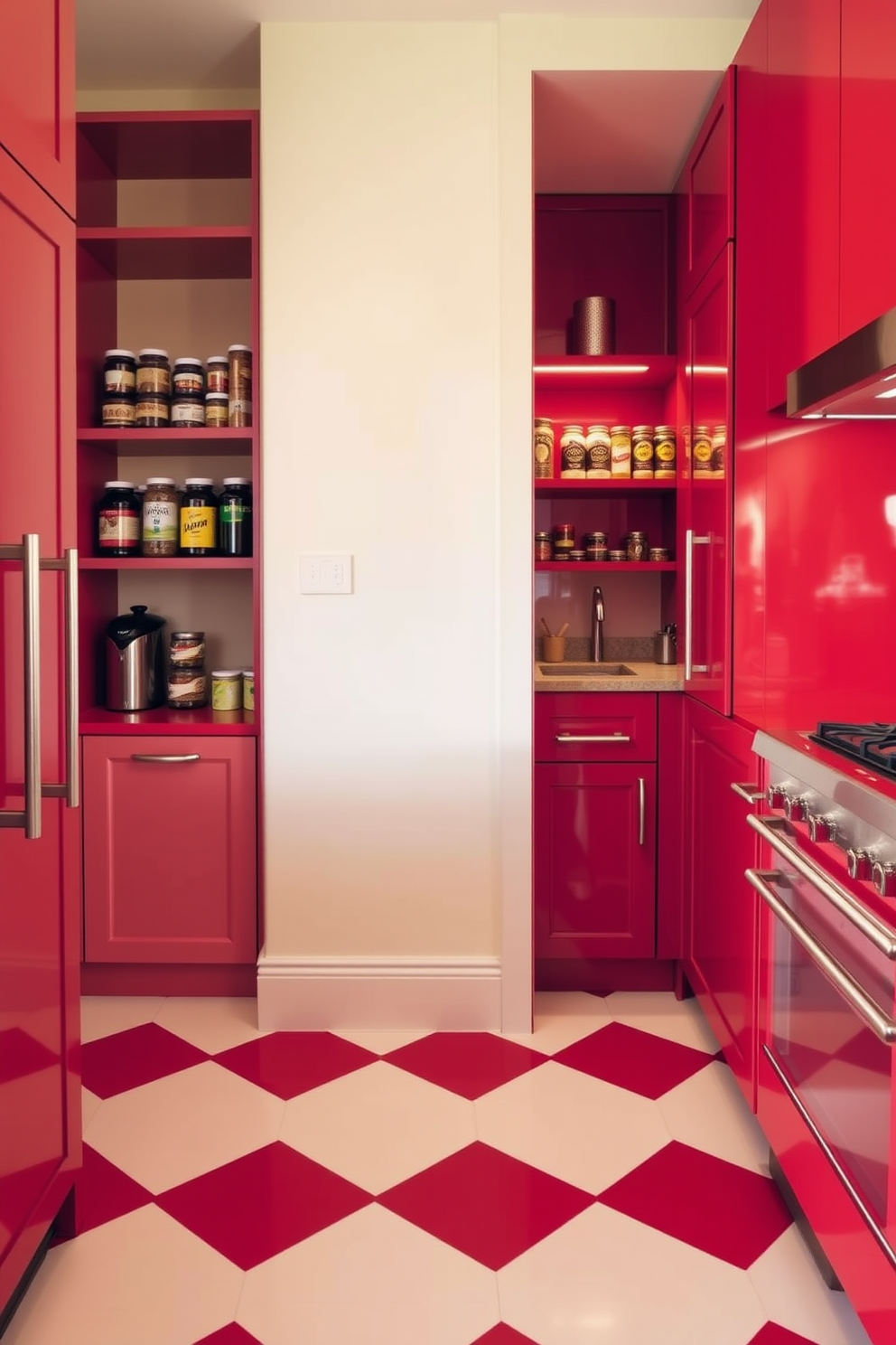 A vibrant kitchen featuring red and white checkerboard flooring that creates a bold and playful atmosphere. The walls are painted in a soft cream color, complementing the striking floor while enhancing the overall brightness of the space. A stylish red pantry with sleek cabinetry and modern hardware. Open shelving displays neatly organized jars and spices, while a small countertop area provides space for meal prep and additional storage.