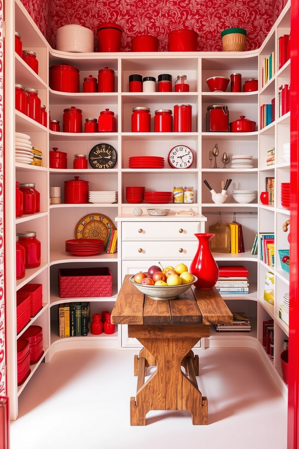 A vibrant red pantry filled with stylish accessories and decor. The shelves are lined with red canisters, glass jars, and colorful cookbooks that pop against the white background. A rustic wooden table in the center displays a bowl of fresh fruits and a decorative red vase. The walls are adorned with red and white patterned wallpaper, creating a cheerful and inviting atmosphere.