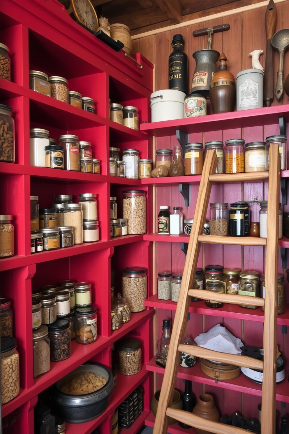 A cozy rustic pantry featuring wooden shelves painted in a vibrant red hue. The shelves are filled with an array of jars and containers, showcasing a mix of spices, grains, and dried herbs. The walls are adorned with vintage kitchen tools and rustic decor elements. A charming wooden ladder leans against the shelves, adding character and accessibility to the pantry space.