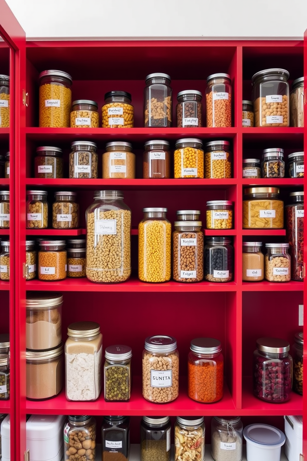 A vibrant pantry featuring red painted shelves filled with an assortment of glass jars in various sizes. Each jar is labeled and organized, showcasing colorful ingredients like pasta, spices, and dried fruits for an inviting and functional space.