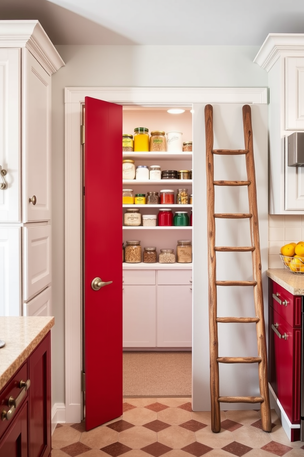 A vibrant red pantry door with vintage hardware serves as a striking focal point in the kitchen. The surrounding cabinetry features a soft white finish, creating a beautiful contrast that enhances the overall aesthetic. Inside the pantry, open shelving displays an array of colorful jars and containers, adding to the charm of the space. A rustic wooden ladder leans against the shelves, providing easy access to the top items while adding a touch of character.