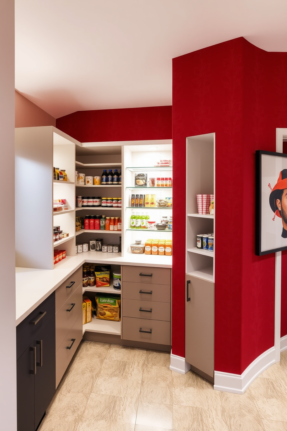 An accent wall featuring bold red wallpaper creates a striking focal point in the room. The surrounding walls are painted in a soft neutral tone to balance the vibrancy of the red. The pantry design showcases a modern layout with open shelving and sleek cabinetry. Bright LED lighting illuminates the space, highlighting the organized storage and vibrant food displays.