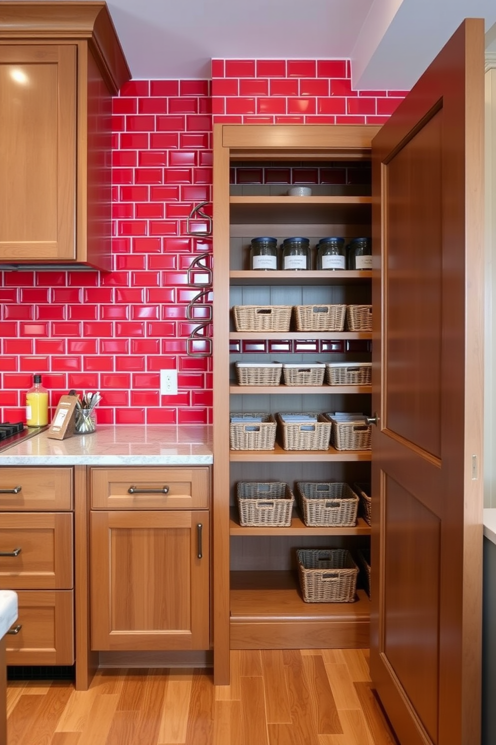 A vibrant red tile backsplash creates a striking focal point in the kitchen, adding a bold pop of color to the space. The pantry features open shelving with neatly organized jars and baskets, complemented by a warm wood finish that enhances the inviting atmosphere.