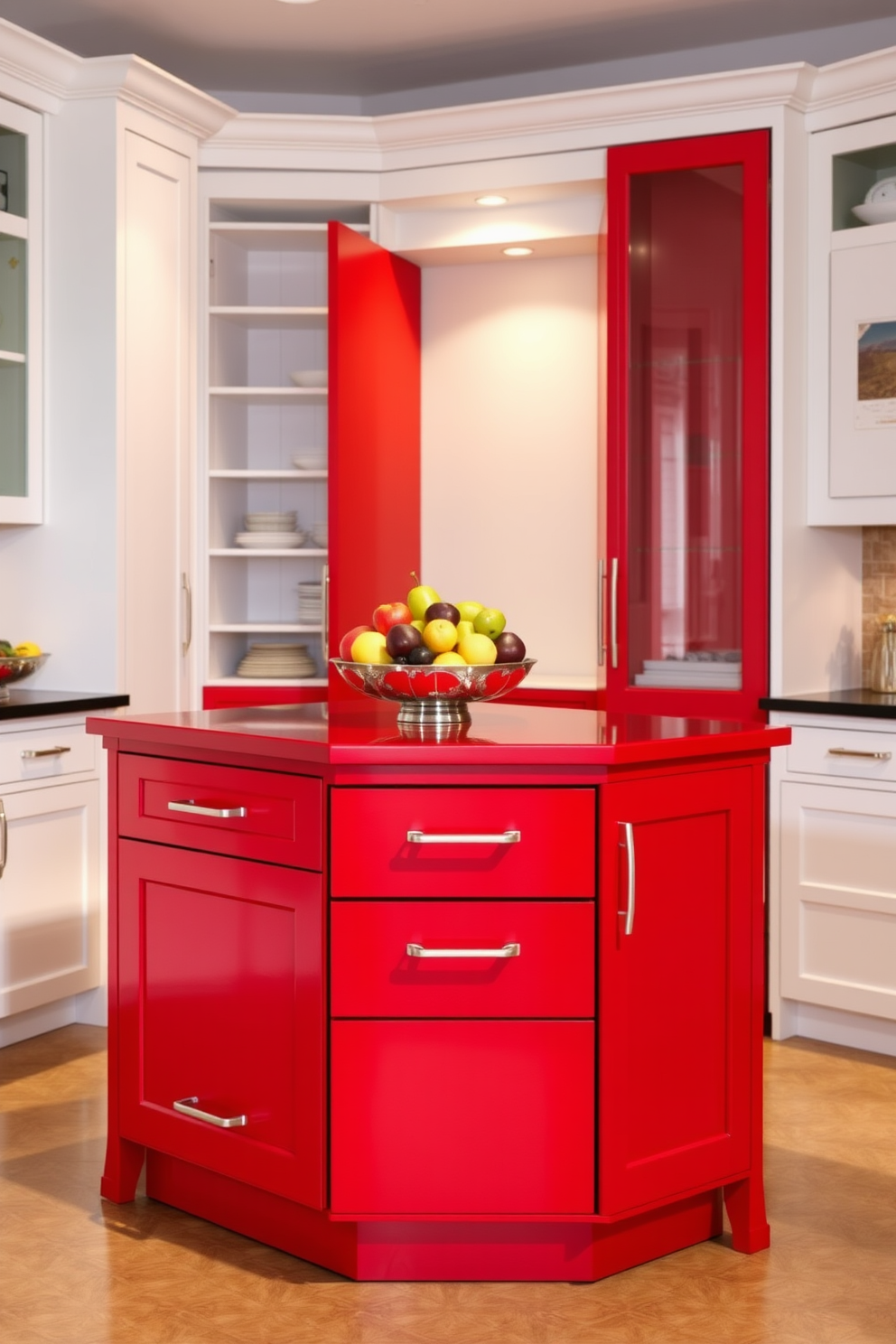 Bright red pantry island for functionality. The island features ample storage space with open shelves and pull-out drawers, complemented by sleek stainless steel hardware. The surrounding cabinetry is painted in a crisp white to create a striking contrast. A decorative fruit bowl sits atop the island, adding a pop of color and inviting warmth to the space.