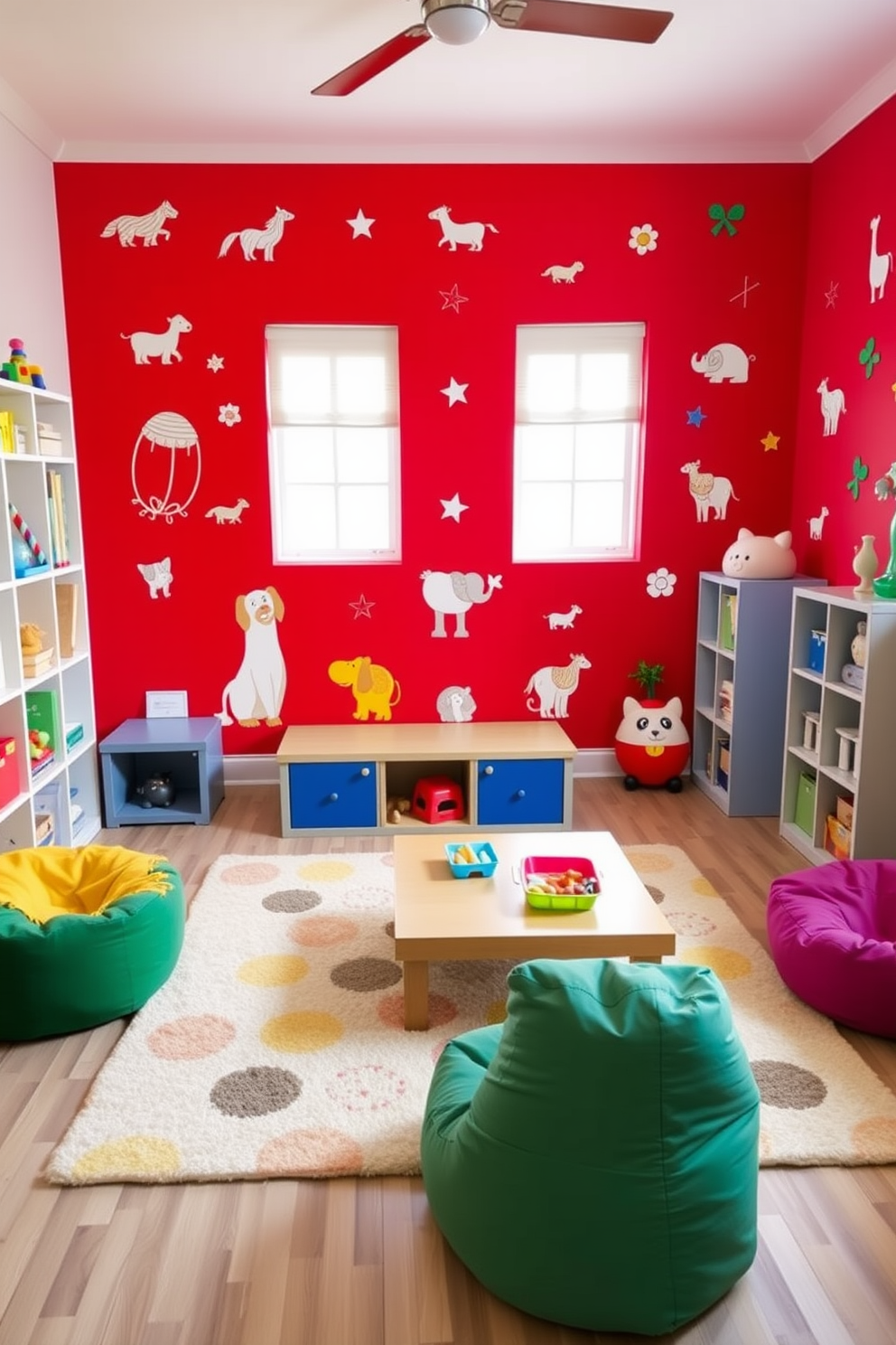 A vibrant playroom featuring a striking red accent wall adorned with playful decals of animals and shapes. The space is filled with colorful furniture, including a soft rug, bean bags, and a low table for creative activities.