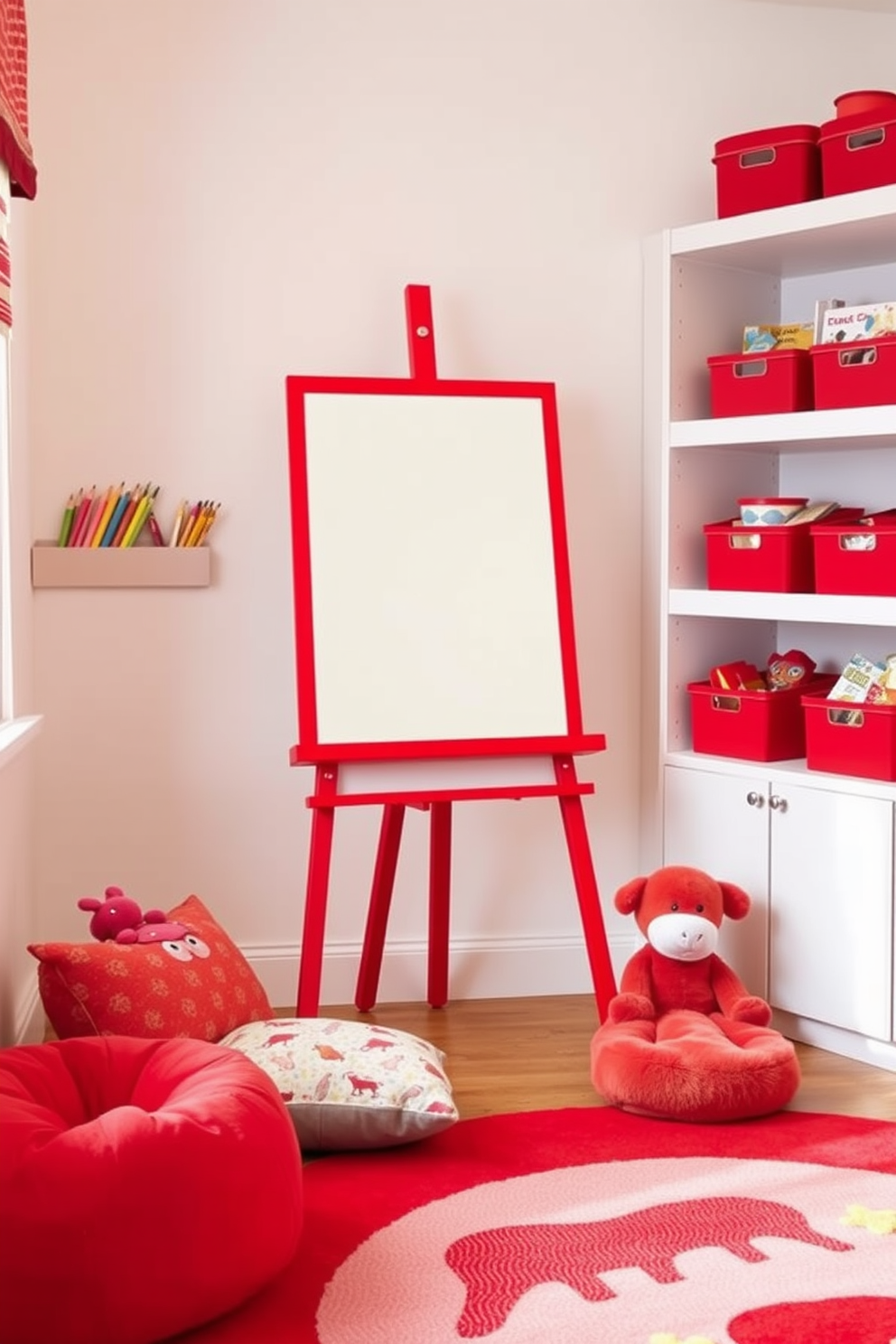 A vibrant playroom designed with a red and blue color scheme. The walls are painted in a bold red, complemented by blue furniture and playful decor elements. A large soft blue rug covers the floor, providing a comfortable space for kids to play. Bright red shelving units display toys and books, adding both functionality and style to the room.