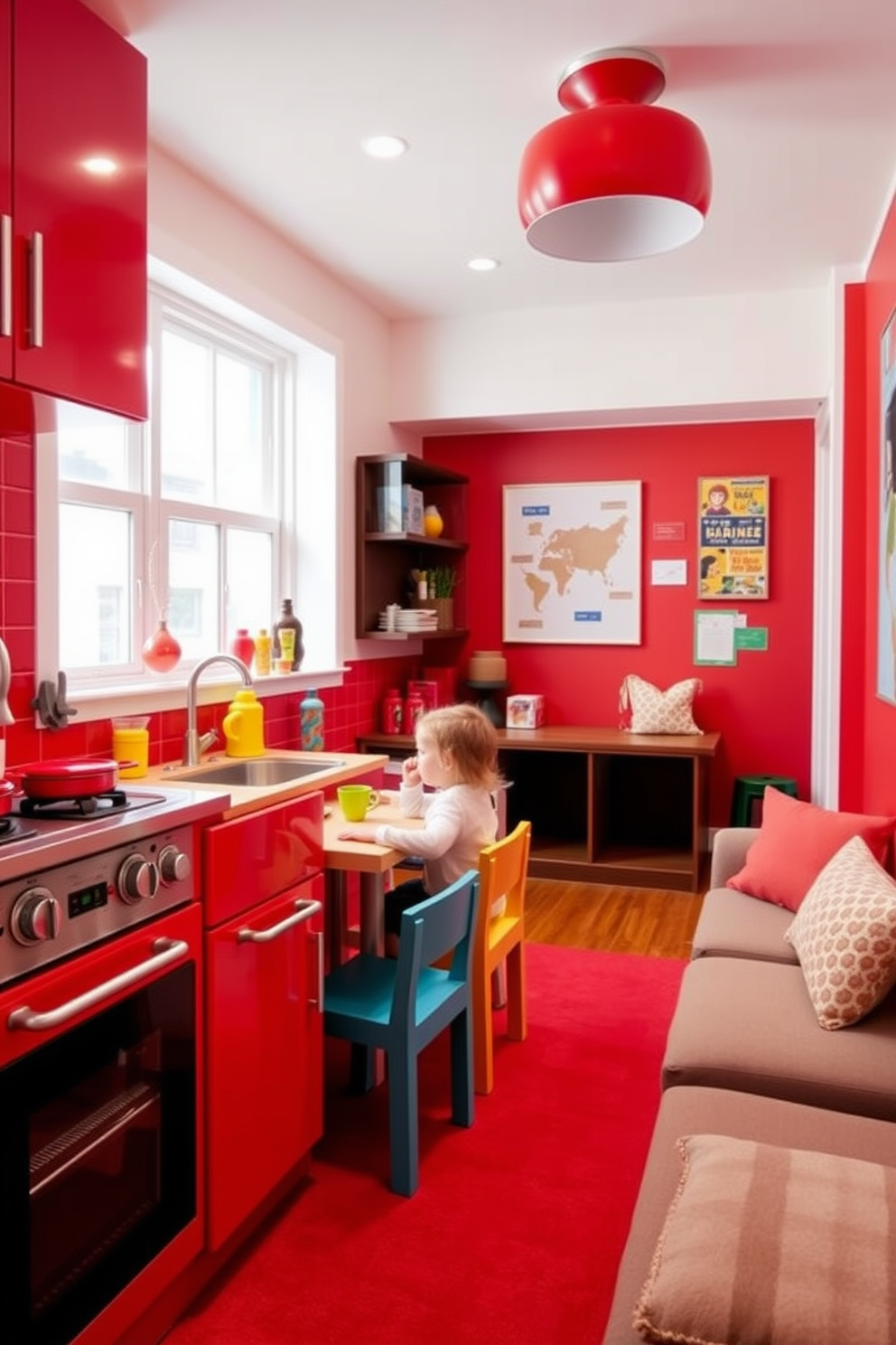 A vibrant play kitchen designed for imaginative play features bright red cabinetry and countertops. The space is filled with colorful accessories such as toy pots, pans, and a small dining set, creating an inviting atmosphere for children. The red playroom is designed to spark creativity and fun, with red accent walls and playful furniture. Cozy seating areas with plush cushions encourage relaxation and storytelling, while interactive wall art enhances the playful environment.