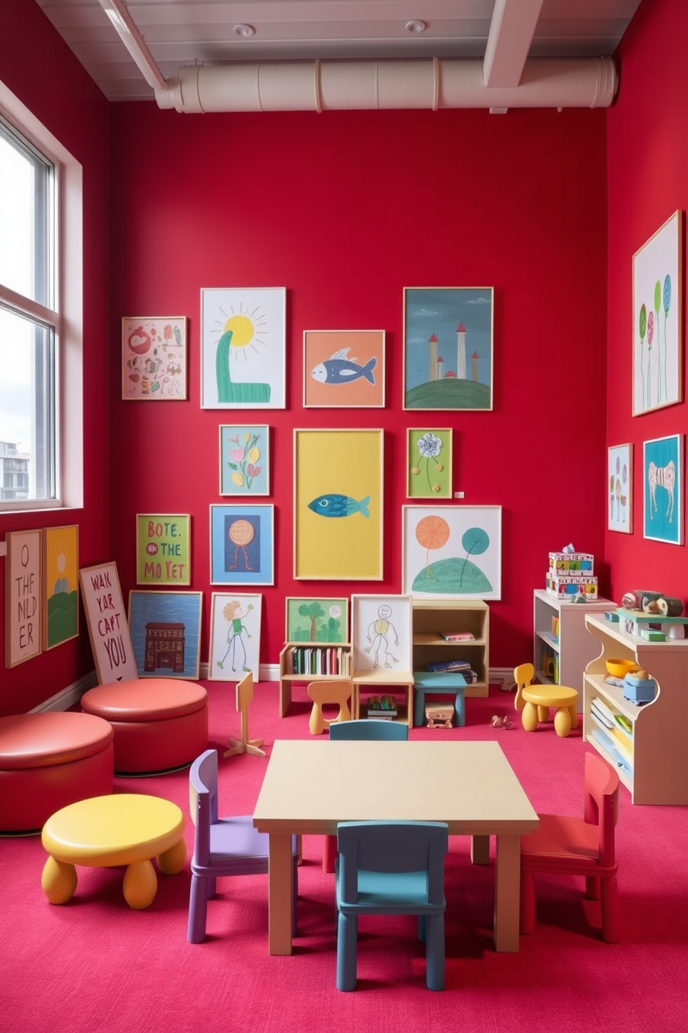 A vibrant playroom filled with colorful artwork displayed against a bold red wall. The space features playful furniture in various shapes and sizes, creating an inviting atmosphere for children to explore and create.