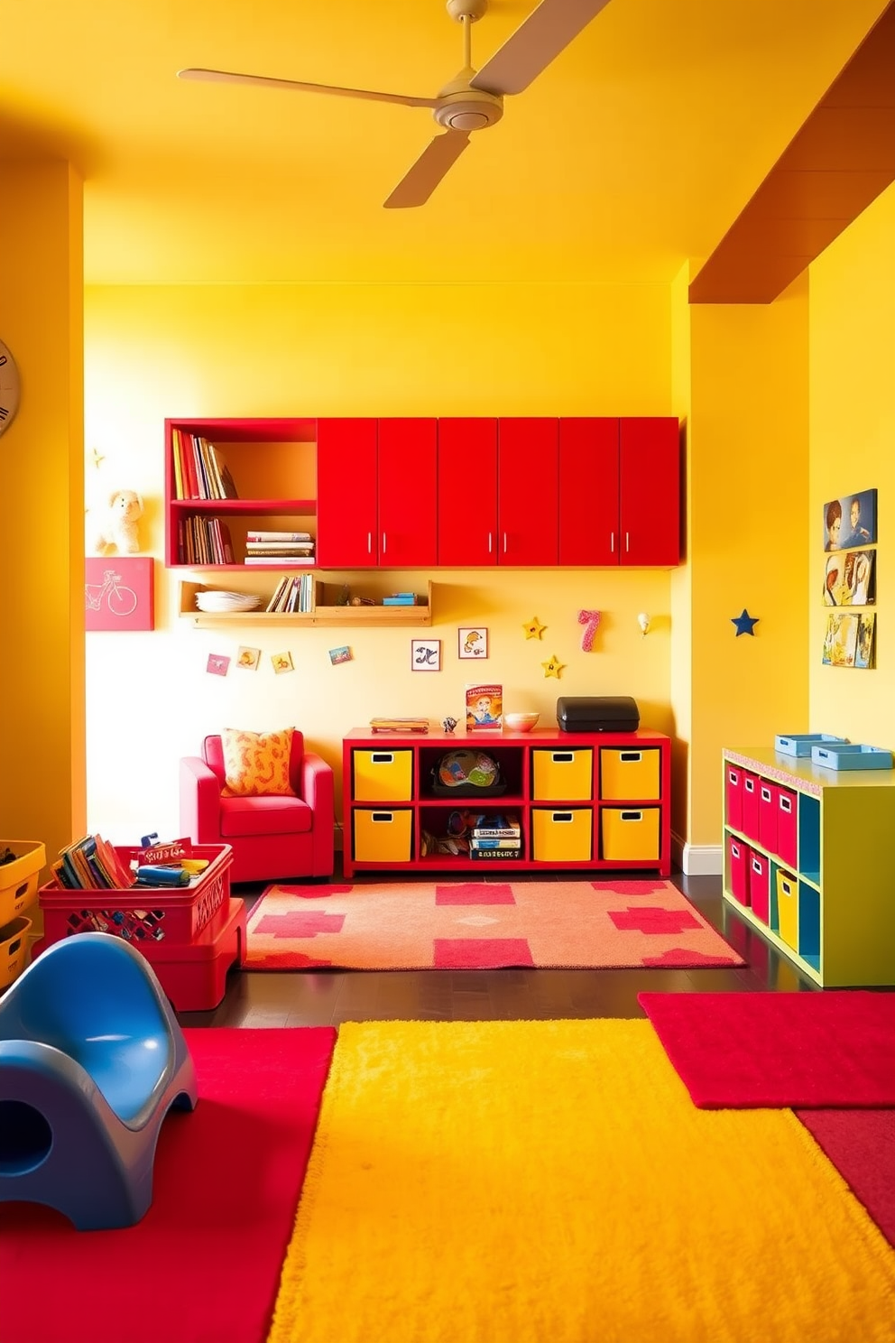 A vibrant playroom filled with energy features red and yellow accents throughout the space. The walls are painted in a cheerful yellow, while red furniture pieces, including a cozy reading nook and playful storage bins, create a lively atmosphere. Brightly colored rugs in various shades of red and yellow define play areas for children to explore. Fun wall art and playful decals add personality, making the space inviting and stimulating for imaginative play.