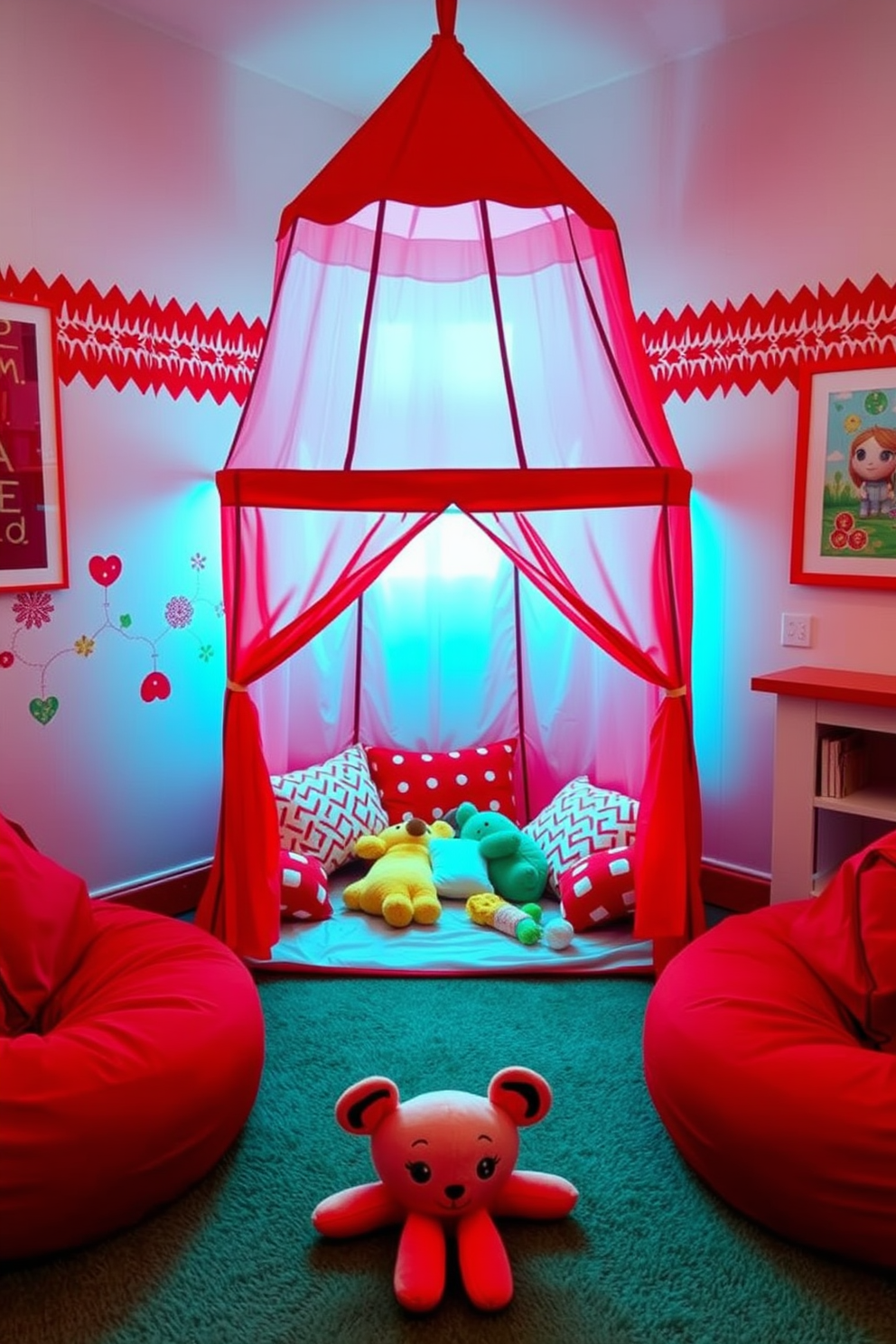 A vibrant red play tent is set up in a cozy corner, creating a whimsical hideaway for children. Soft cushions and plush toys are scattered inside, inviting imaginative play and relaxation. The playroom features bright red accents, with walls adorned in playful patterns and colorful artwork. A comfortable seating area with bean bags complements the tent, making it a perfect space for creativity and fun.