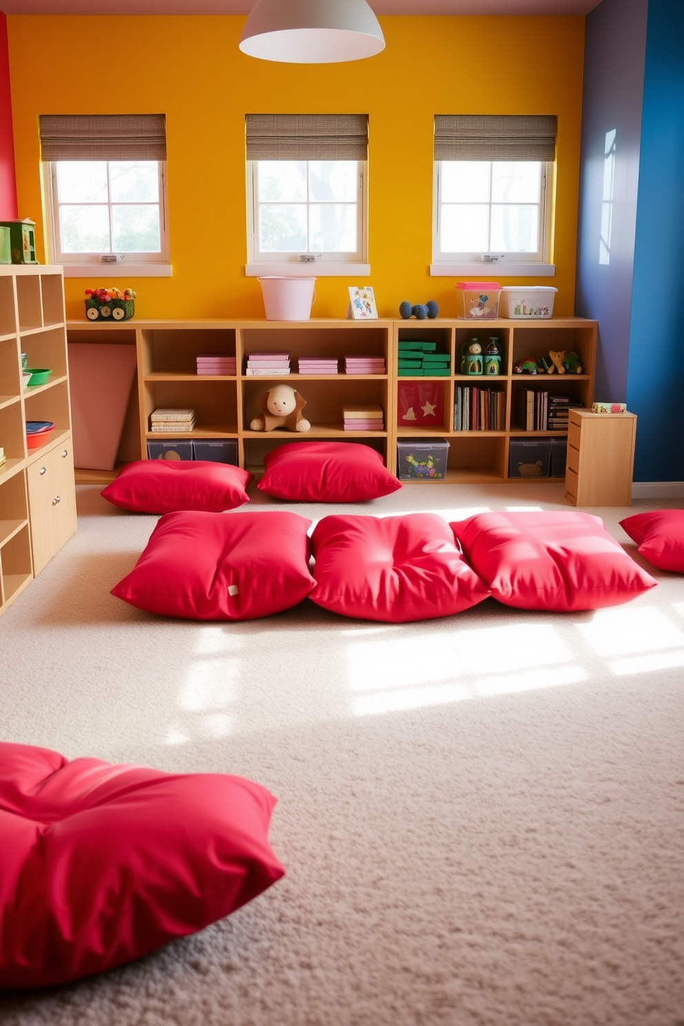 A vibrant playroom filled with creativity. In the center, a red table surrounded by matching chairs invites children to engage in arts and crafts. The walls are adorned with colorful murals depicting playful scenes. Soft, plush rugs in bright colors provide a comfortable area for play and relaxation.