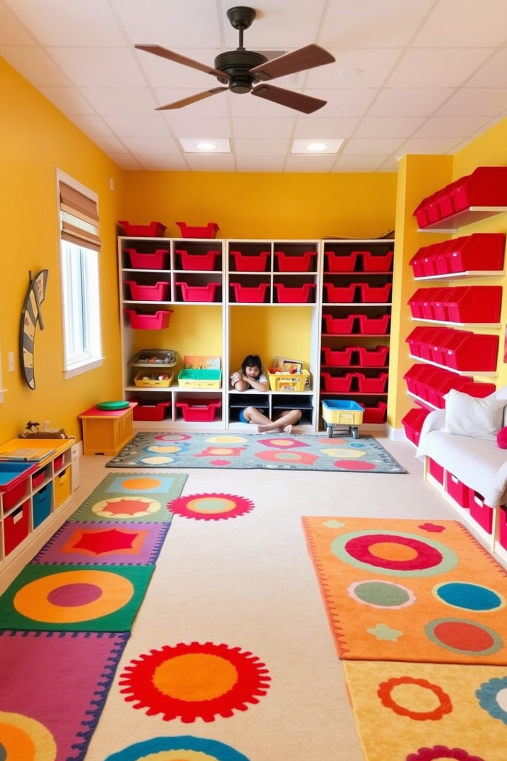 A vibrant playroom filled with energy and creativity. The walls are painted in a cheerful shade of yellow, and red storage bins are neatly arranged along one side for organized playtime. Colorful rugs in various shapes cover the floor, providing a soft area for play. A cozy reading nook with plush cushions invites children to explore their favorite books.