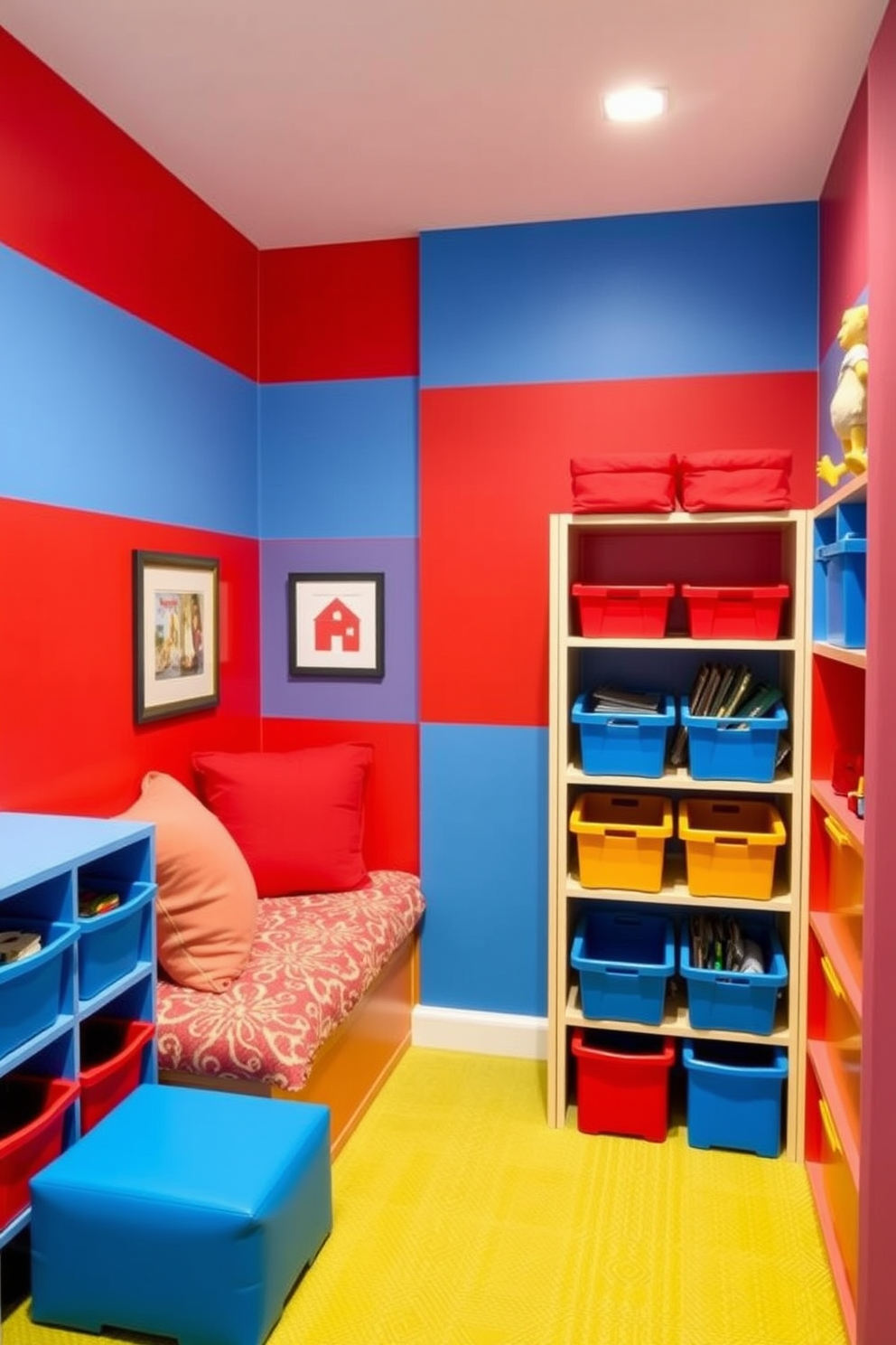 A vibrant playroom features a red and blue color block design that energizes the space. The walls are painted in alternating red and blue panels, creating a playful atmosphere for children to enjoy. In one corner, a cozy reading nook is adorned with plush cushions in various shades of red and blue. Brightly colored storage bins line the shelves, providing an organized and fun environment for toys and books.