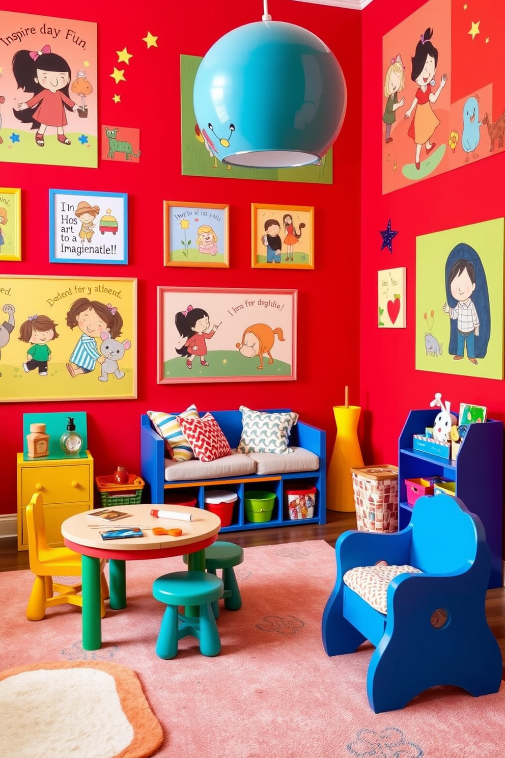 A vibrant playroom filled with energy and creativity. The walls are adorned with colorful red-themed wall art that sparks imagination and joy. The playroom features a cozy reading nook with plush red bean bags and a small bookshelf filled with children's books. Bright red storage bins are neatly arranged to keep toys organized and easily accessible.