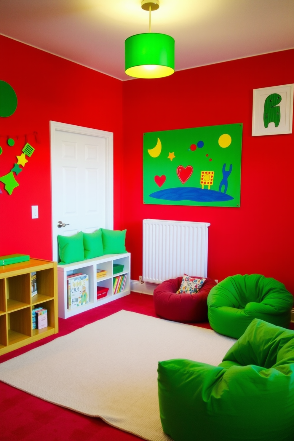 A vibrant playroom filled with playful red and green accents creates an inviting atmosphere for children. The walls are painted in a cheerful red, while green furniture pieces, such as a soft play mat and bean bags, add a lively touch to the space. Brightly colored artwork featuring fun shapes and characters adorns the walls, stimulating creativity and imagination. A cozy reading nook with green cushions and a small bookshelf invites kids to explore their favorite stories.