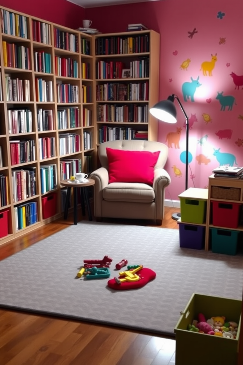 Cozy reading nook with red cushions. A plush armchair is positioned in the corner, surrounded by tall bookshelves filled with colorful books. Soft lighting from a floor lamp creates a warm ambiance, while a small side table holds a steaming cup of tea. A patterned area rug adds texture to the hardwood floor, inviting relaxation. Red Playroom Design Ideas. The room features a vibrant color palette with playful wall decals of animals and shapes. A large, soft play mat covers the floor, providing a safe space for children to play with toys and games. Storage bins in various colors keep the space organized and encourage creativity.