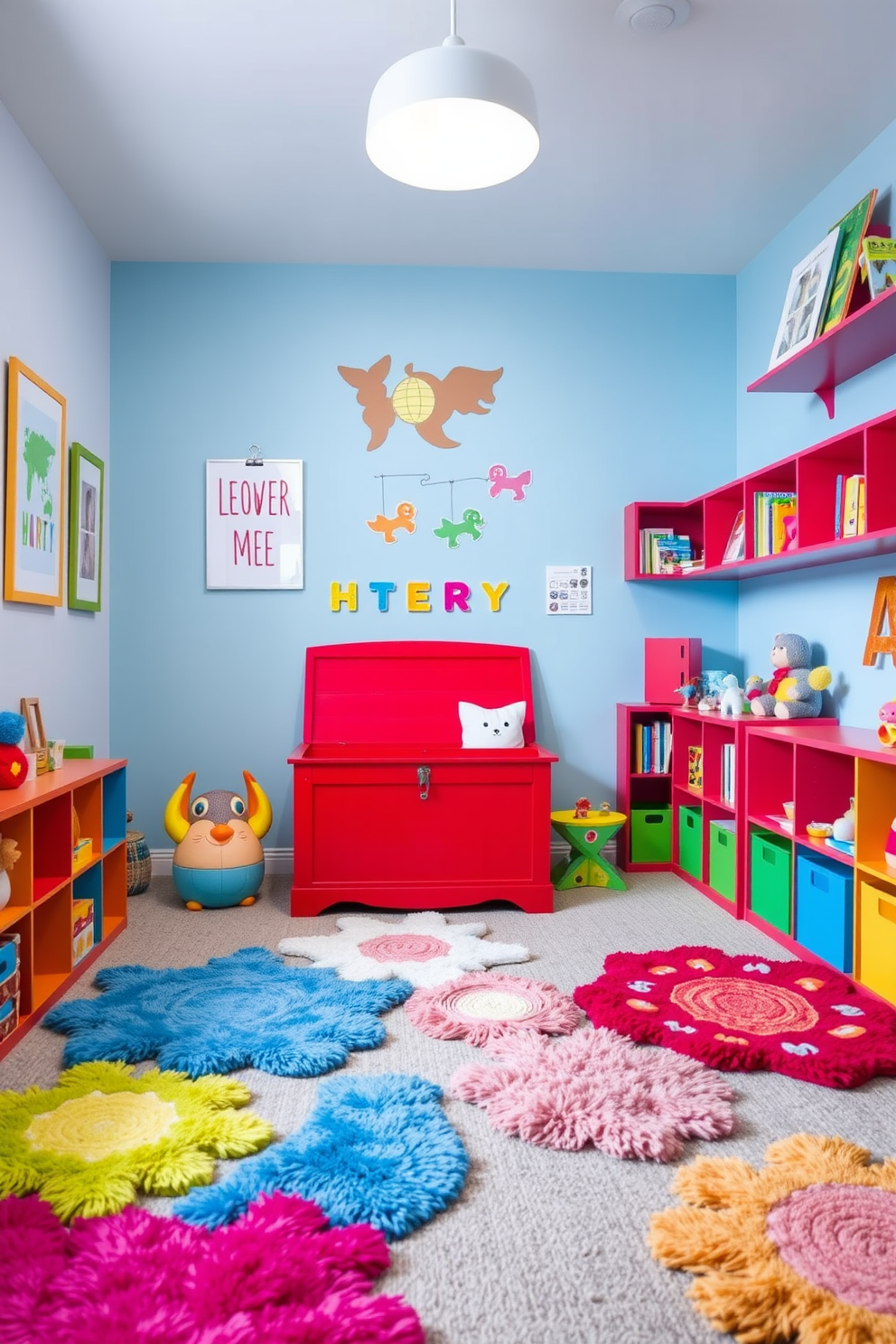 A vibrant playroom featuring a red toy chest as the focal point. The walls are painted in a cheerful light blue, and colorful artwork adorns the space, creating an inviting atmosphere for children. Soft, plush rugs in various shapes and sizes are scattered across the floor, providing comfort and play areas. Brightly colored shelves display an array of toys and books, encouraging creativity and organization in the room.