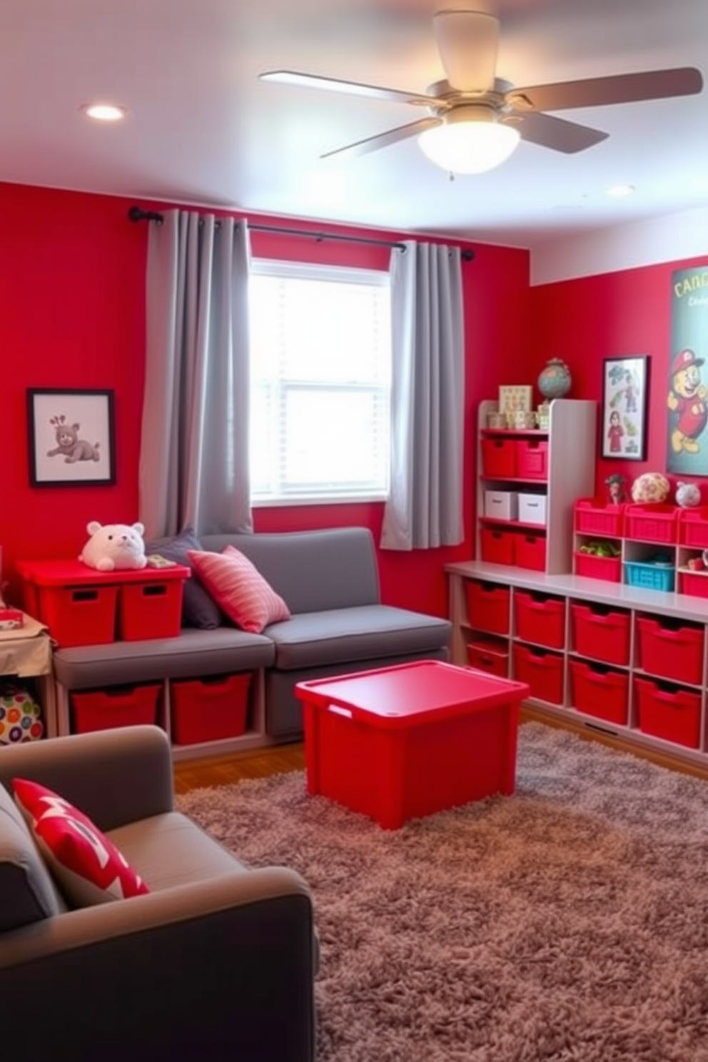 A vibrant playroom designed with a red and gray color scheme. The walls are painted in a bold red, complemented by gray furniture pieces like a soft sofa and a play table. Bright red storage bins are neatly arranged, providing a fun and organized space for toys. A cozy gray rug covers the floor, creating a comfortable area for children to play.