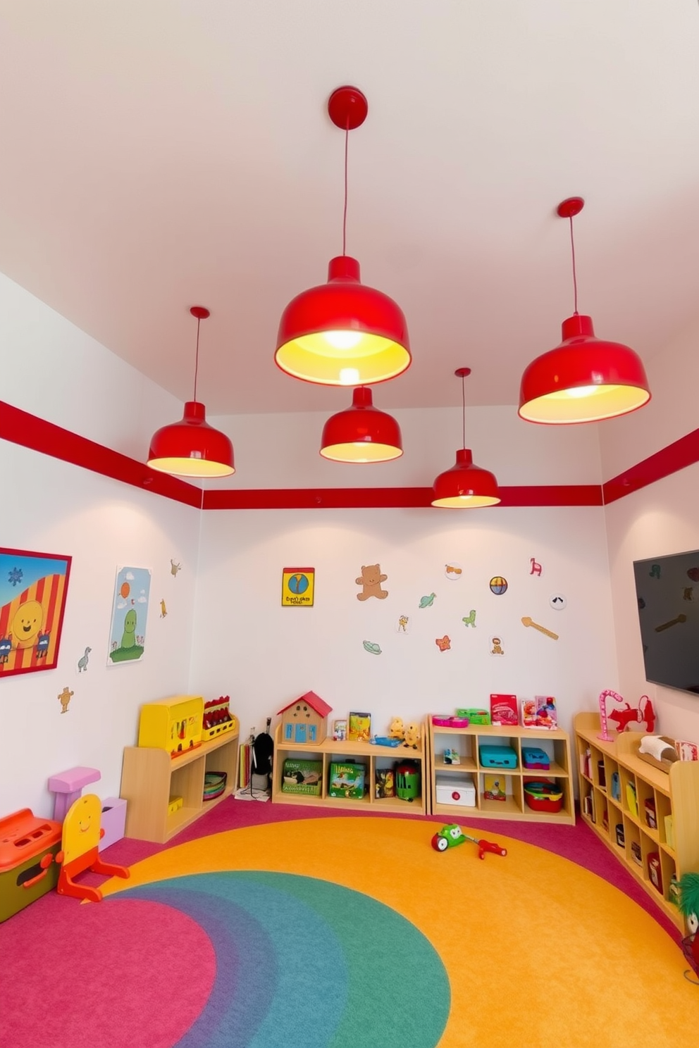 Bright red light fixtures hang from the ceiling, casting a warm glow throughout the space. The walls are painted in a playful shade of white, adorned with colorful artwork and playful decals. The playroom features a soft, plush carpet in vibrant colors, providing a comfortable area for children to sit and play. A variety of toys and games are neatly organized on low shelves, encouraging creativity and exploration.