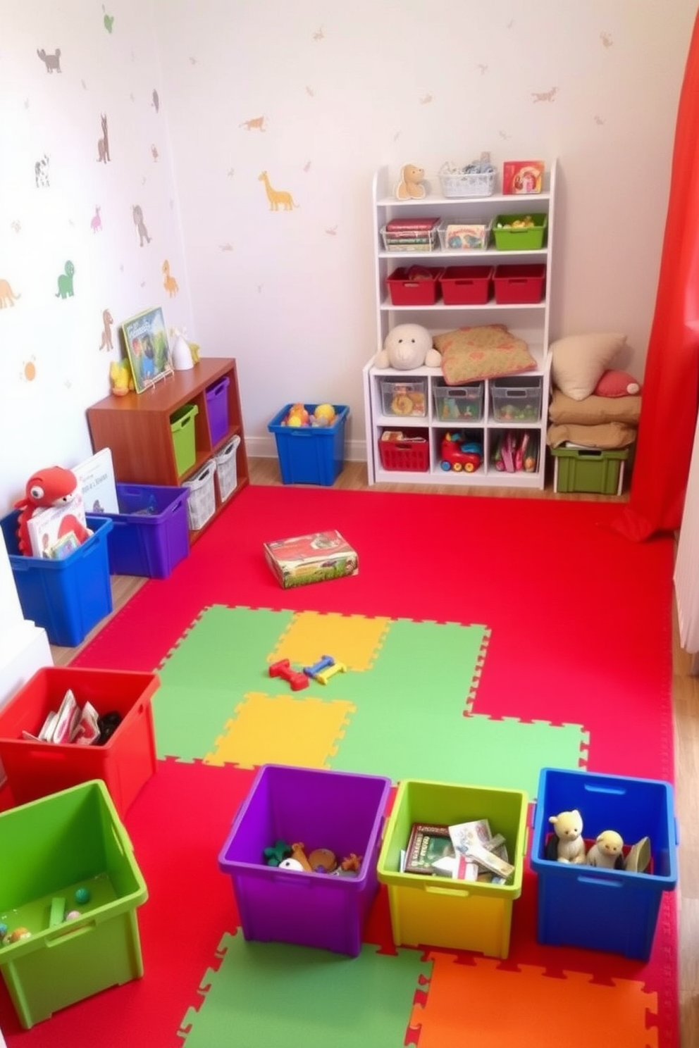 A festive holiday scene featuring red and green decorations. The space is adorned with a beautifully decorated Christmas tree, twinkling lights, and garlands draped across the mantel. A vibrant playroom filled with playful design elements in bright colors. The room includes a soft play mat, colorful storage bins, and a cozy reading nook with whimsical wall art.