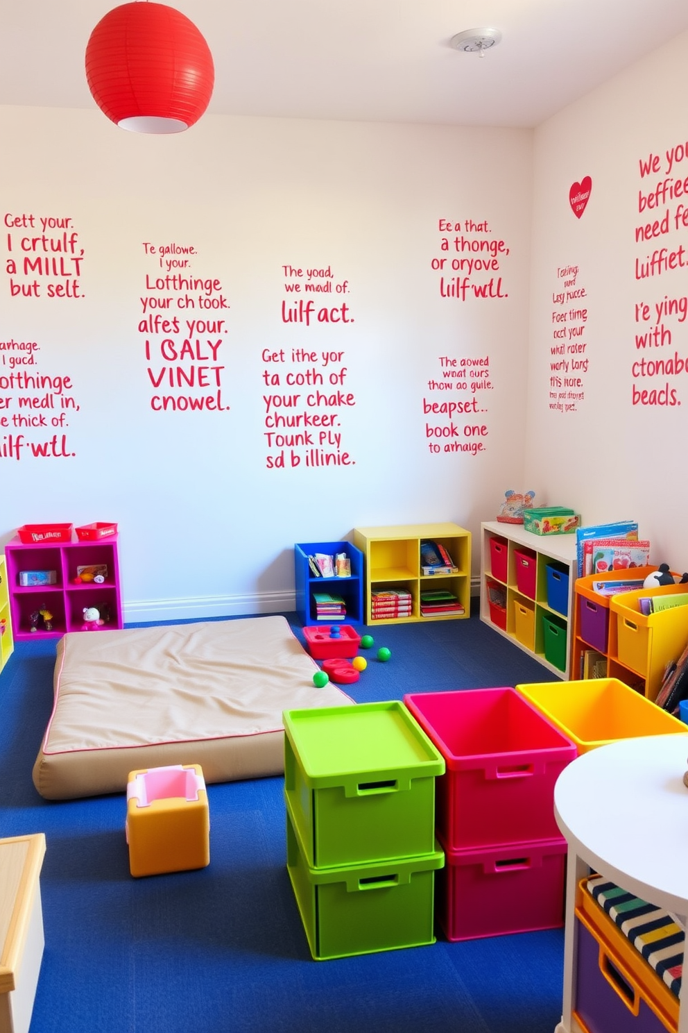 A vibrant playroom filled with energy and creativity. The walls are adorned with red wall decals featuring inspirational quotes that motivate and uplift. Colorful furniture pieces are scattered throughout the space, including a soft play mat and a cozy reading nook. Brightly colored storage bins are organized neatly, making it easy to keep toys and books accessible.