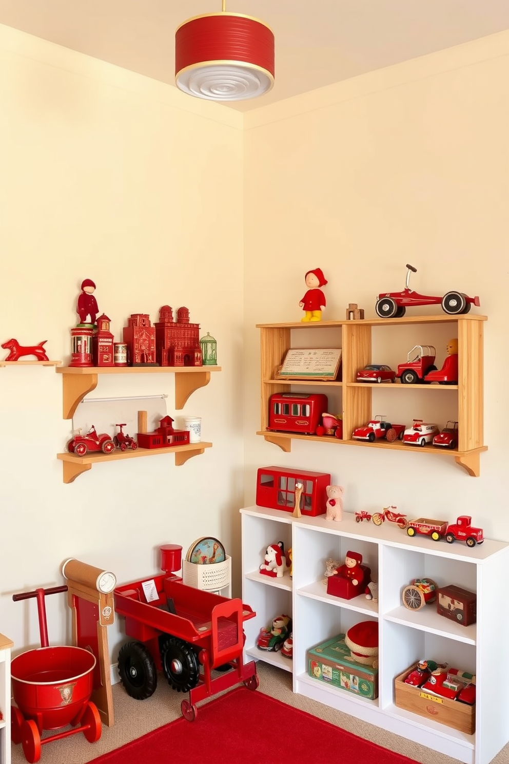 A vibrant red play area filled with climbing structures designed for children. The space features soft flooring and colorful wall decals to create an inviting and playful atmosphere. Incorporate various climbing elements such as a slide, rope ladder, and wall-mounted climbing holds. Brightly colored cushions and bean bags are scattered around for comfort and relaxation after playtime.