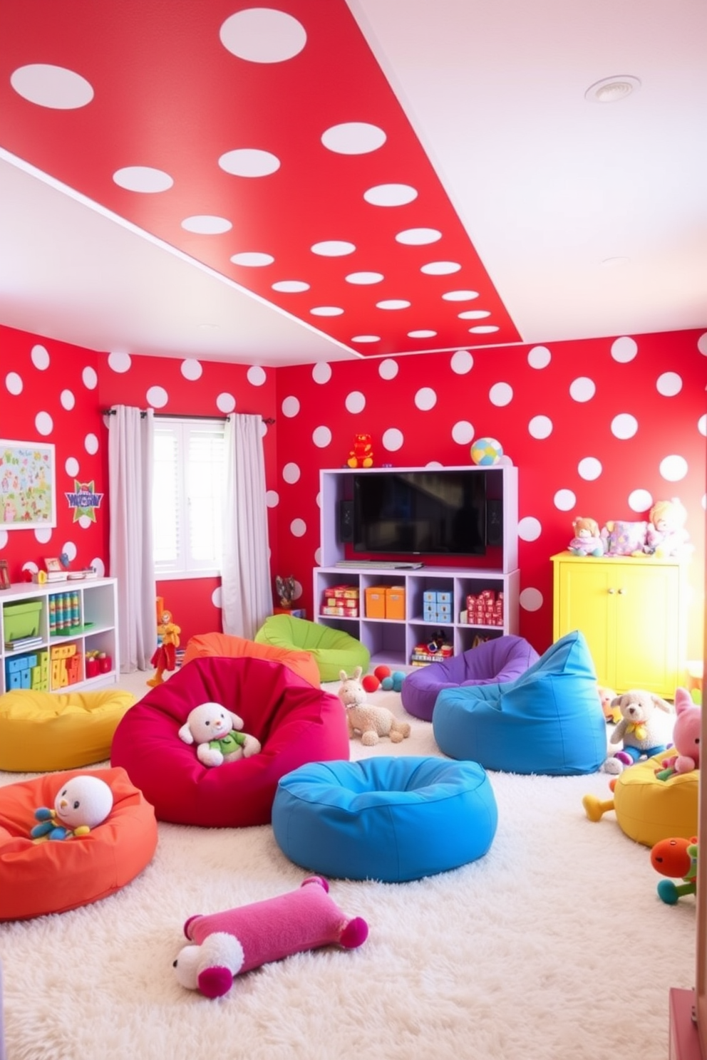 A vibrant playroom filled with energy and joy. The walls are painted in a bright red hue adorned with white polka dots, creating a playful atmosphere. Soft white carpets cover the floor, providing a cozy space for children to play. Colorful bean bags and plush toys are scattered throughout, inviting fun and creativity.