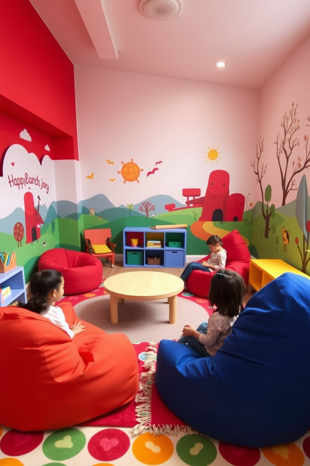 A vibrant playroom filled with energy and imagination. The walls are adorned with red murals showcasing whimsical landscapes that spark creativity and joy. Colorful furniture pieces, including bean bags and a low table, create a welcoming space for play. Soft rugs in playful patterns cover the floor, providing a cozy area for children to engage in activities.