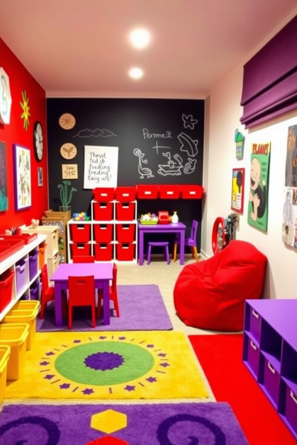 A vibrant playroom designed with a red and purple color scheme features playful wall art and colorful rugs. The furniture includes a red bean bag chair and a purple table set, creating an inviting space for creativity and fun. Brightly colored storage bins in red and purple are neatly arranged to hold toys and art supplies. A chalkboard wall allows for endless creativity, encouraging children to express themselves through art and play.