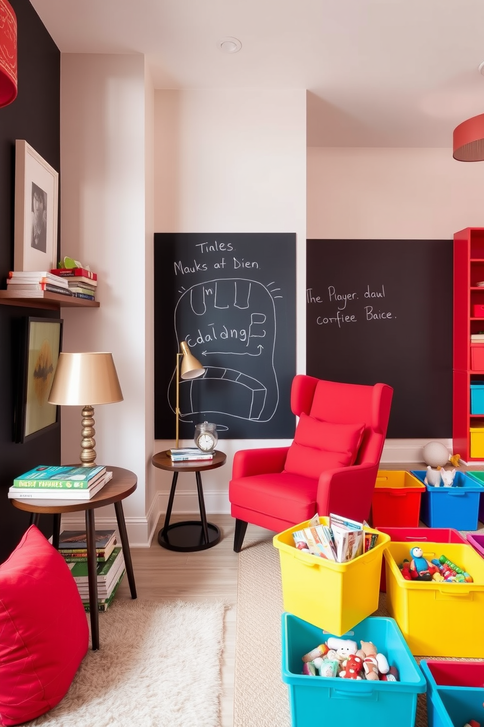 A cozy reading corner featuring a vibrant red accent chair with plush cushions. A small wooden side table holds a stack of books and a stylish lamp, while a soft rug adds warmth to the space. A playful playroom designed with bright red accents throughout. Colorful storage bins are filled with toys, and a large chalkboard wall invites creativity and fun.