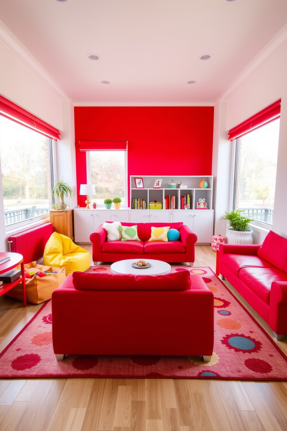 A vibrant playroom filled with playful energy. The room features red bean bags scattered around for cozy seating, inviting children to relax and enjoy their space. The walls are adorned with colorful decals and artwork, creating an engaging atmosphere. A soft rug in complementary colors anchors the seating area, making it a perfect spot for play and creativity.