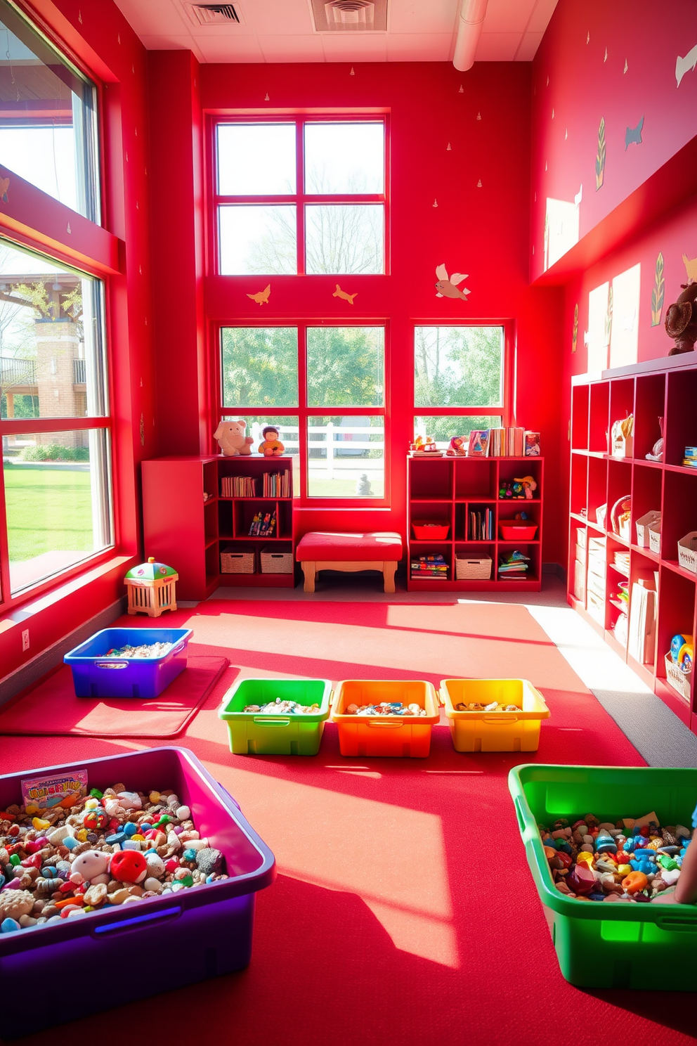 A vibrant sensory play area designed for children featuring red walls adorned with playful wall decals. The space includes soft red mats for safe play, colorful sensory bins filled with various textures, and a cozy reading nook with red cushions. The playroom is equipped with red shelving units filled with toys and art supplies, encouraging creativity and exploration. Large windows allow natural light to flood the room, enhancing the cheerful atmosphere while providing a view of the outside.