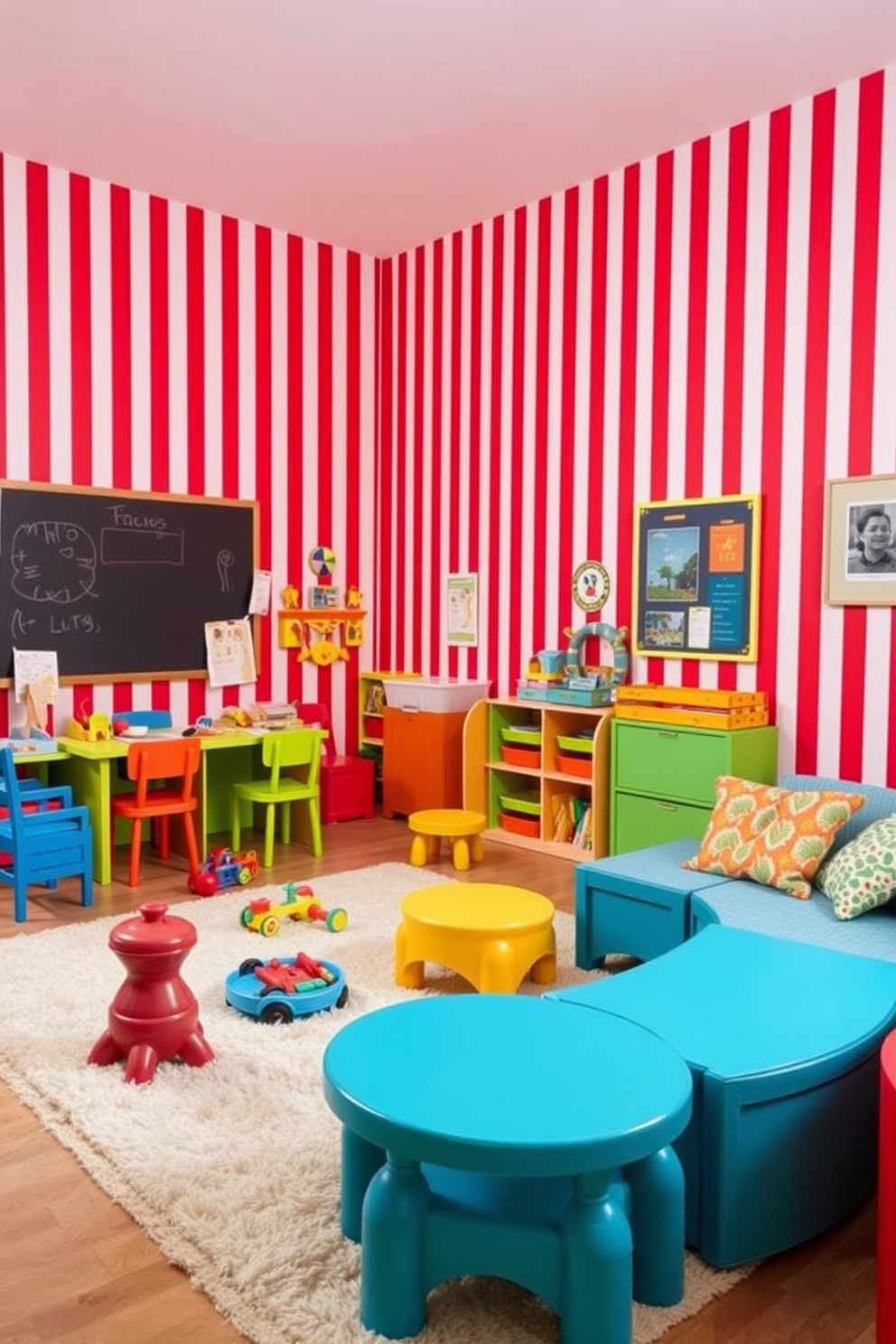 A vibrant playroom featuring a red chalkboard wall that encourages creativity and imaginative play. The space is filled with colorful furniture, including bean bags and a low table for arts and crafts activities. Brightly colored storage bins are neatly arranged along one side of the room, providing easy access to toys and art supplies. Large windows allow natural light to flood the area, creating an inviting atmosphere for children to explore and create.