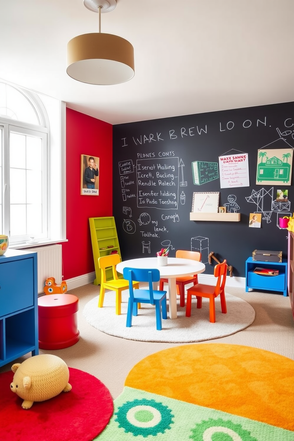 Create a vibrant playroom featuring an interactive chalkboard wall painted in a bold red hue. The space is filled with colorful furniture, including a round table with playful chairs, and soft rugs to encourage creativity and play.