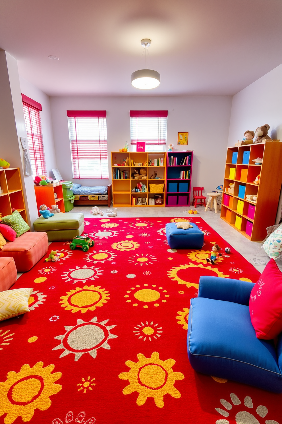 A vibrant playroom filled with energy and creativity. The floor is covered with a large red rug featuring fun patterns that spark imagination and play. Brightly colored furniture is arranged for comfort and functionality. Soft cushions and playful toys are scattered around, inviting children to explore and engage.