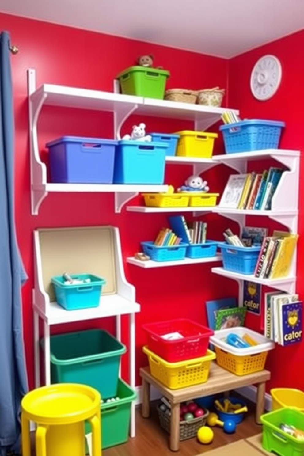 A vibrant playroom filled with creativity and fun. The walls are painted in a cheerful red hue, creating an energetic atmosphere for children. Wall-mounted shelves are installed along one side, designed to store toys and books within easy reach. Colorful bins and baskets are neatly arranged on the shelves, adding to the playful decor.