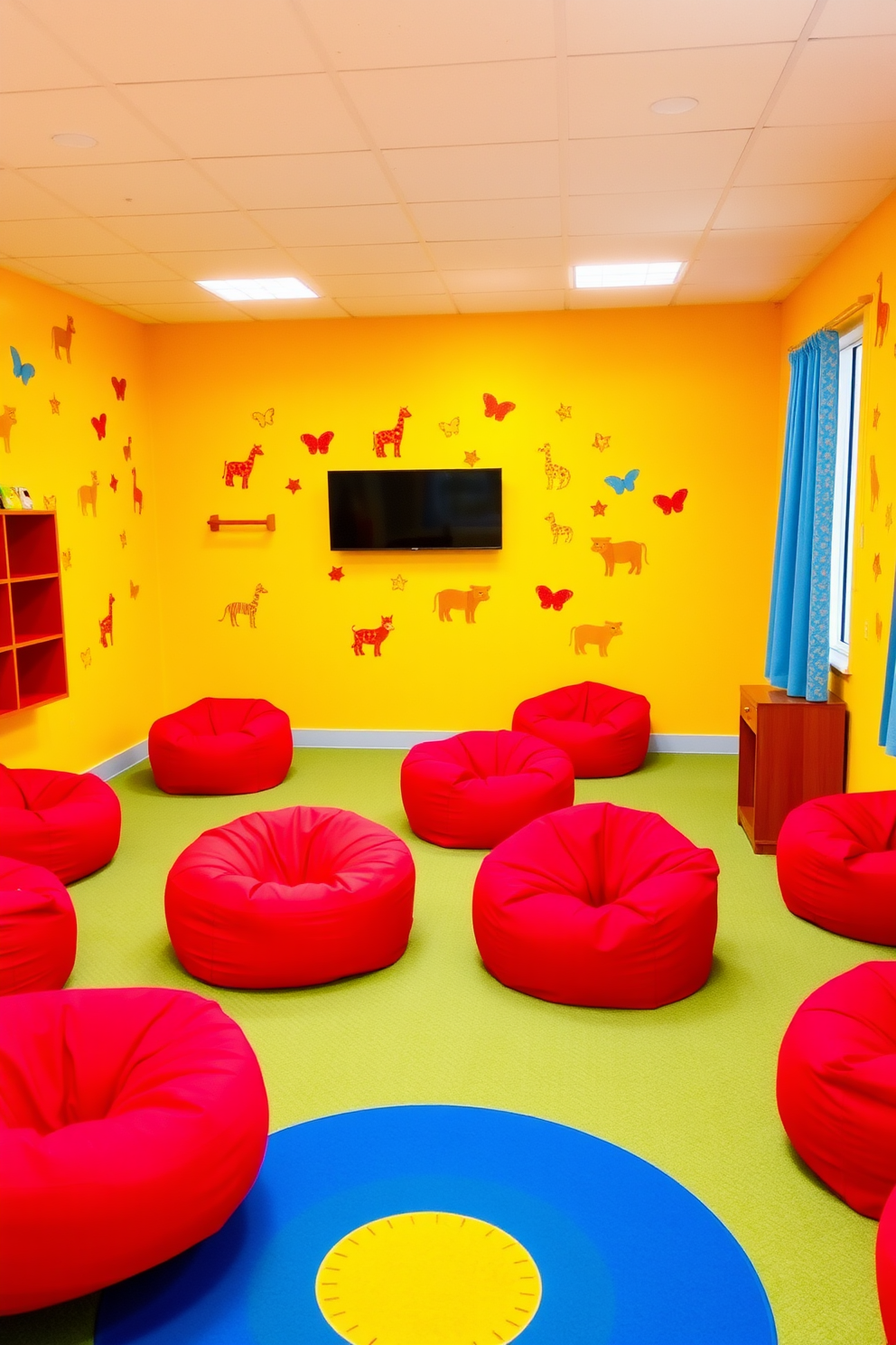 A vibrant playroom filled with bright red bean bags arranged for comfortable seating. The walls are painted in a cheerful yellow hue, adorned with playful wall decals of animals and shapes.