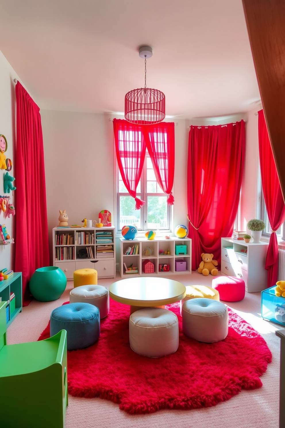 A vibrant playroom filled with joy and creativity. The walls are painted in a soft pastel color, and the floor is covered with a plush, colorful rug. Red curtains hang elegantly to block out light, creating a cozy atmosphere. Fun and functional furniture pieces are scattered throughout, including a low table surrounded by cushioned stools.