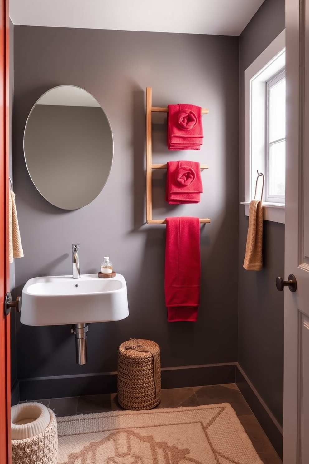 A striking powder room featuring a red and black color scheme. The walls are painted a deep crimson, complemented by sleek black accents in the fixtures and decor. A stylish black vanity with a white marble countertop serves as the focal point. Elegant gold fixtures and accessories add a touch of luxury to the overall design.