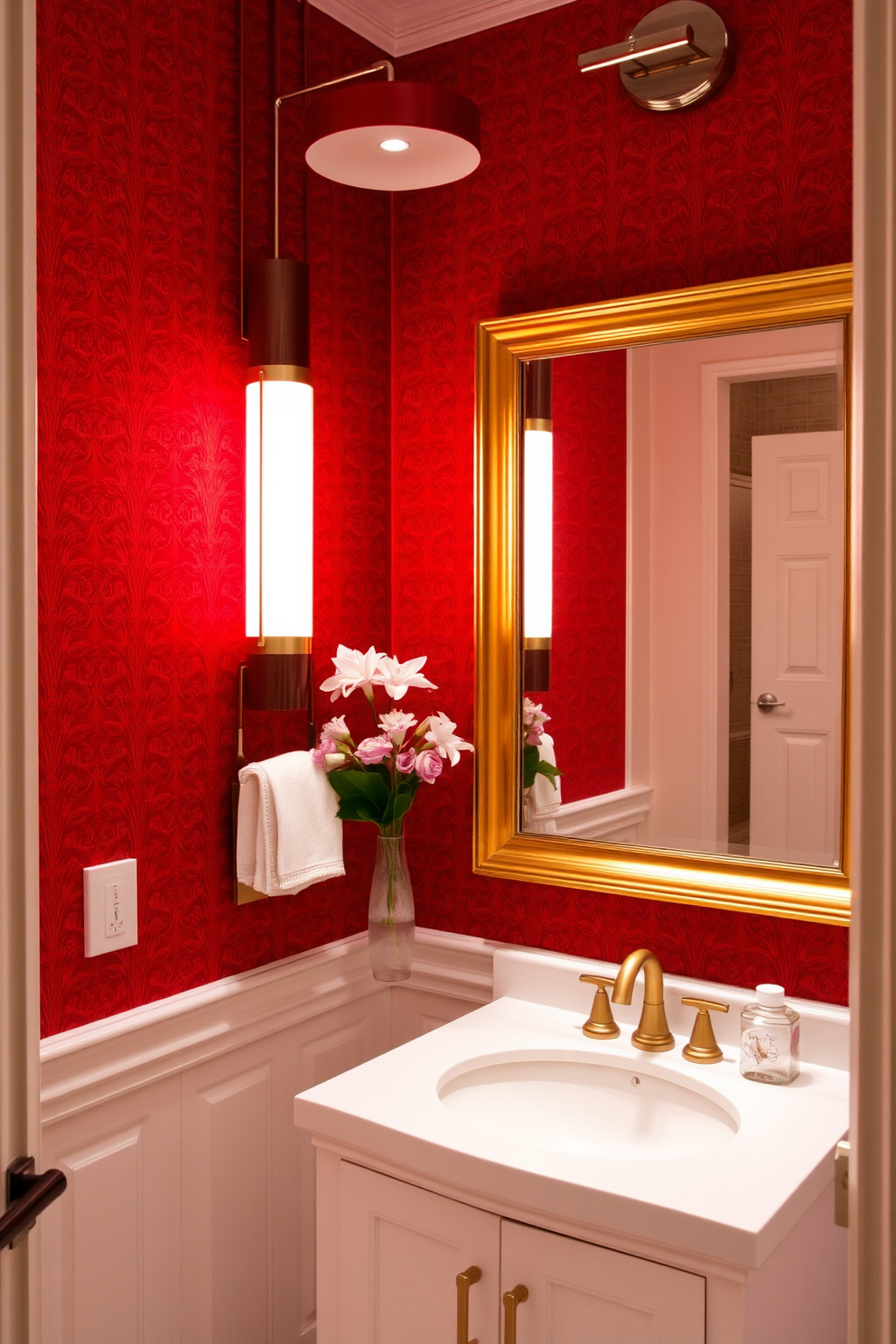 A whimsical red powder room features vibrant red walls adorned with playful art pieces that bring a sense of joy and creativity to the space. The vanity is a charming white with gold accents, topped with a round mirror that reflects the lively atmosphere of the room.