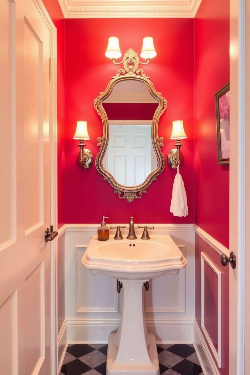 Luxurious red velvet curtains drape elegantly from the ceiling to the floor, creating a rich and opulent atmosphere in the powder room. The deep red fabric contrasts beautifully with the soft gold accents found in the fixtures and decor, enhancing the overall sense of luxury. The powder room features a sleek black vanity with a white marble countertop, providing a striking balance to the bold curtains. A round mirror with an ornate gold frame hangs above the vanity, reflecting the lavish ambiance of the space.