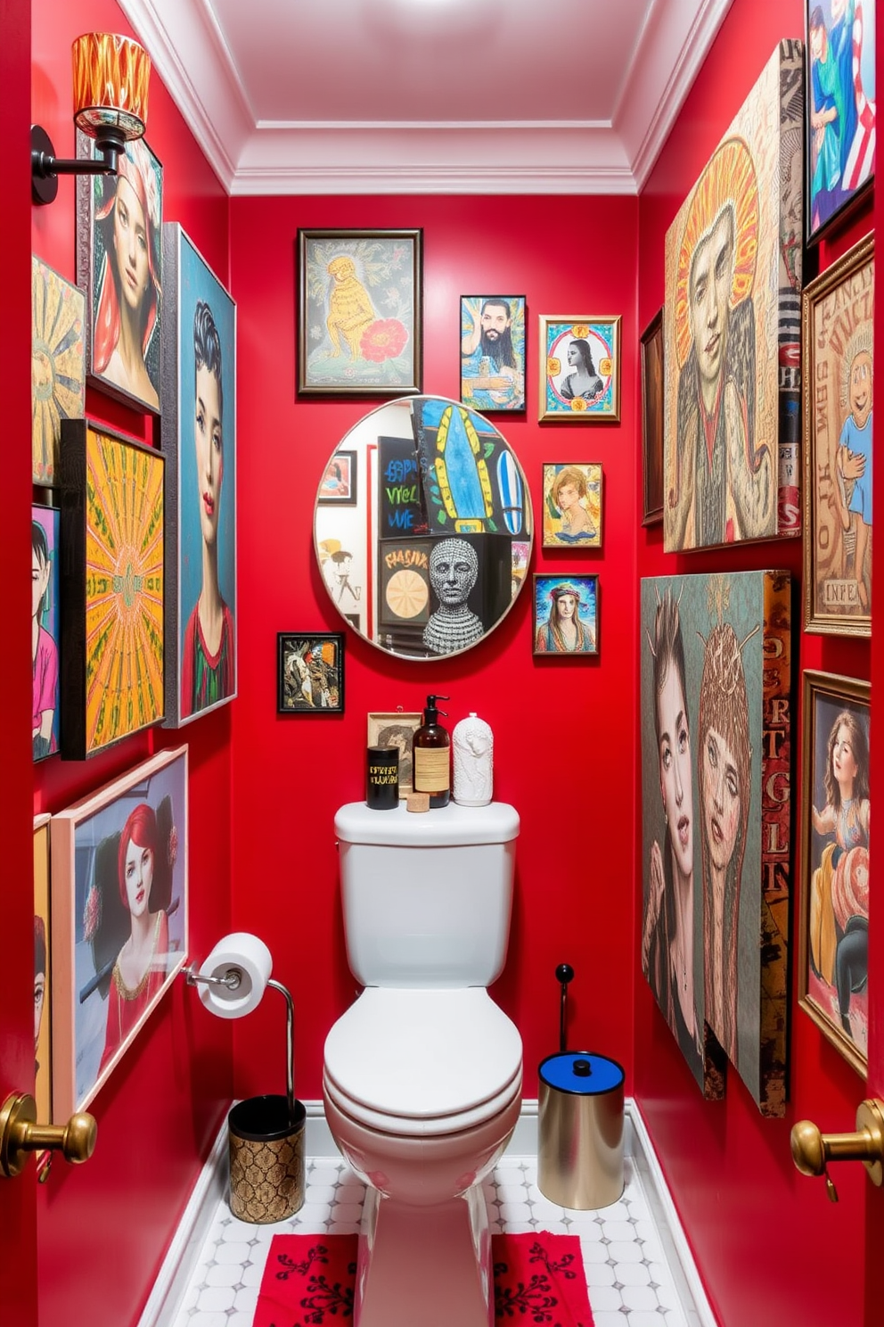 Create a striking powder room featuring red mosaic tiles that add a unique touch to the space. The walls are adorned with these vibrant tiles, complemented by sleek white fixtures and a modern floating vanity. Incorporate soft lighting to enhance the rich color of the tiles while creating a warm and inviting atmosphere. A stylish mirror with a minimalist frame reflects the beauty of the design, making the room feel more spacious and elegant.