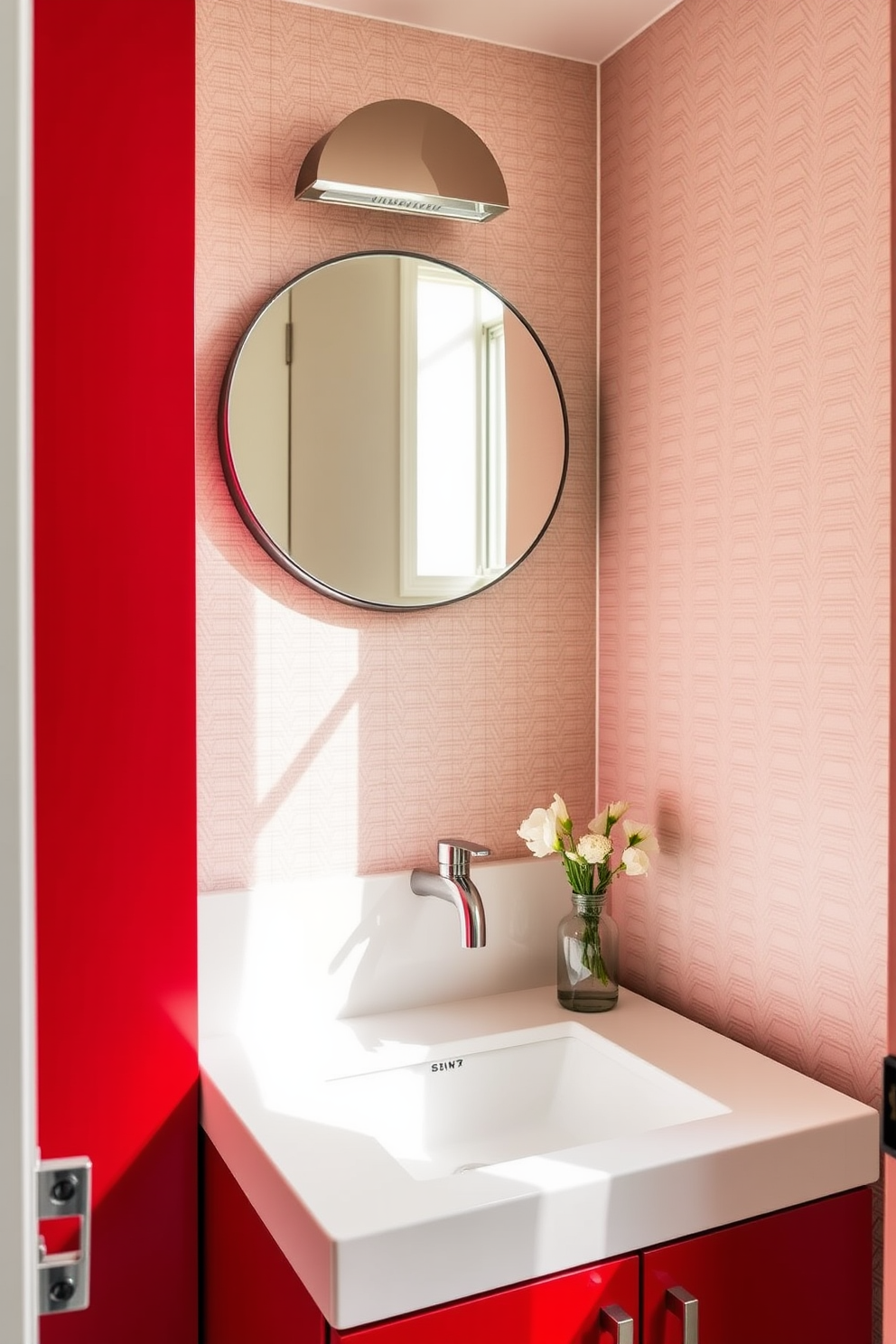 A minimalist red powder room featuring clean lines and a sleek design. The walls are painted in a bold red hue, complemented by a simple white floating vanity with a modern sink. A large round mirror with a thin frame hangs above the vanity, creating a striking focal point. The floor is adorned with light gray tiles, adding a subtle contrast to the vibrant red.