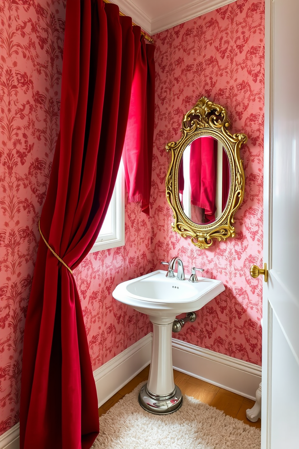 A striking red mural adorns the wall, creating a bold focal point in the space. The powder room features elegant fixtures and rich textures that complement the vibrant artwork.